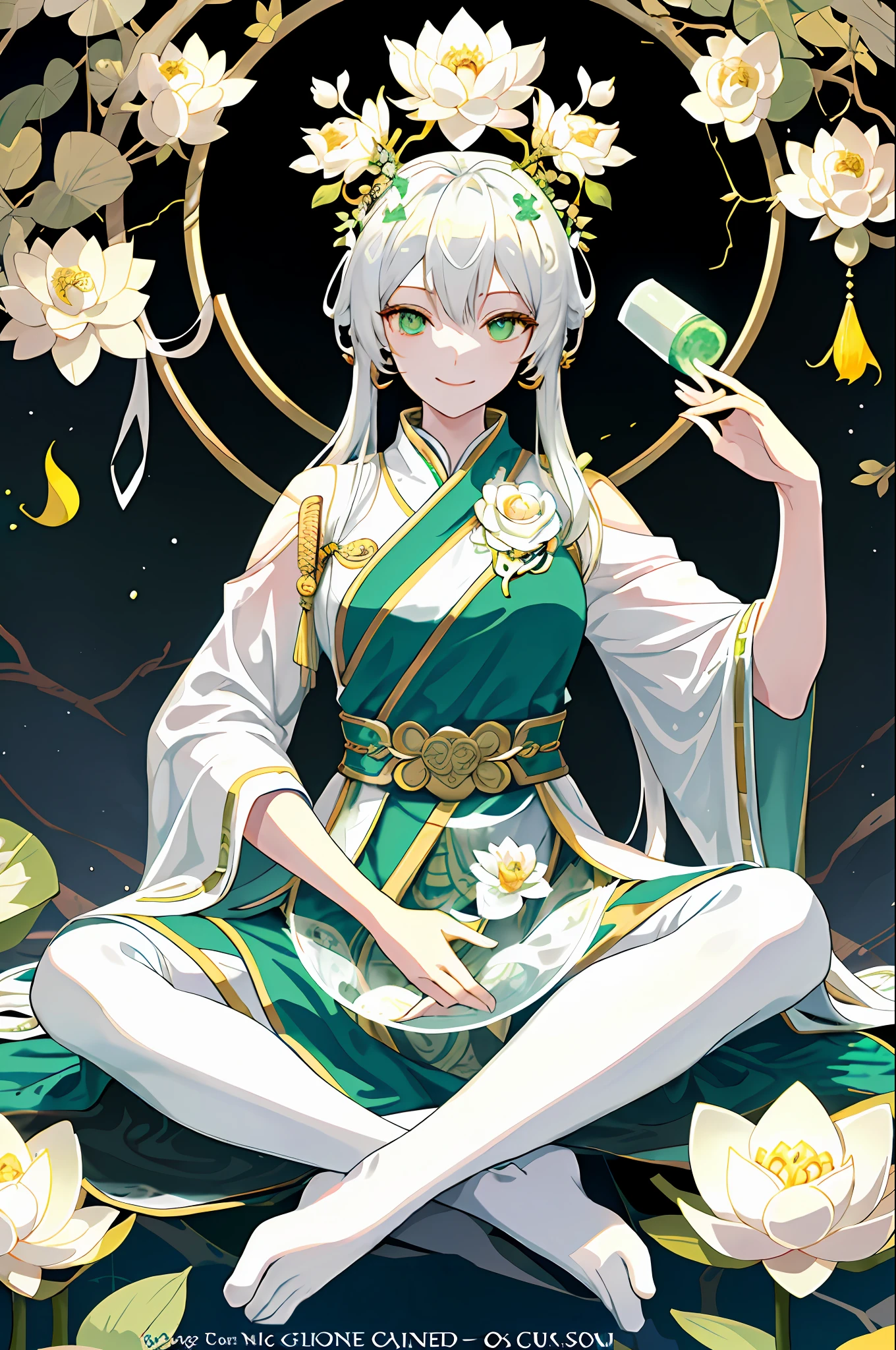 dreamy, serene, white and green:1.2),
(full body, sitting, Guanyin with jade bottle:1.1),(praying hands),(blessing),(smiling),(compassionate),
(lotus throne, floating, below Guanyin:1.2),
(lotus flowers, branches),
(dry ice, fog, below:1.1),
(from front),(medium shot),
As she sits on a floating lotus throne, Guanyin holds a jade bottle and makes a praying gesture. She smiles and blesses the world with her compassion. Behind her, lotus flowers and branches surround her, creating a natural and peaceful backdrop. Below her, dry ice forms a fog that adds to the dreamy atmosphere. The main colors are white and green, creating a pure and harmonious mood.
(magazine:1.3), (cover-style:1.3), fashionable, woman, vibrant, outfit, posing, front, colorful, dynamic, background, elements, confident, expression, holding, statement, accessory, majestic, coiled, around, touch, scene, text, cover, bold, attention-grabbing, title, stylish, font, catchy, headline, larger, striking, modern, trendy, focus, fashion,