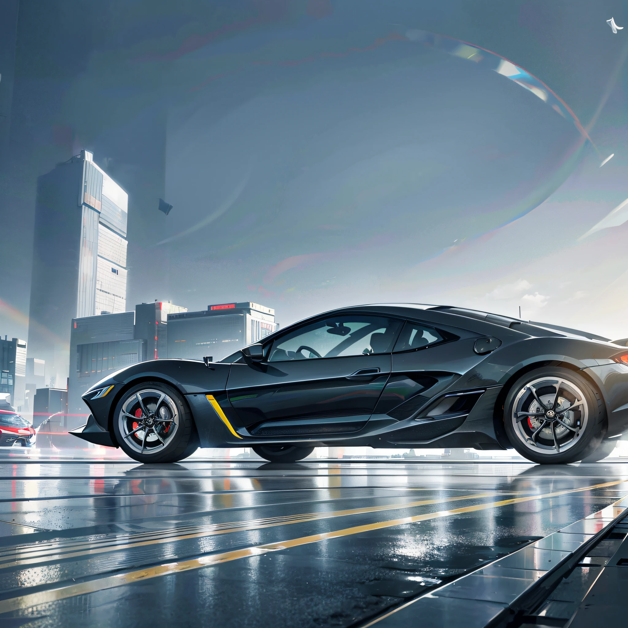 A car is parked on a wide futuristic platform, surrounded by minimalist geometric architecture and expansive vistas. High-quality picture, hyper-realistic style, symmetrical picture, slightly upward vision. --auto --s2