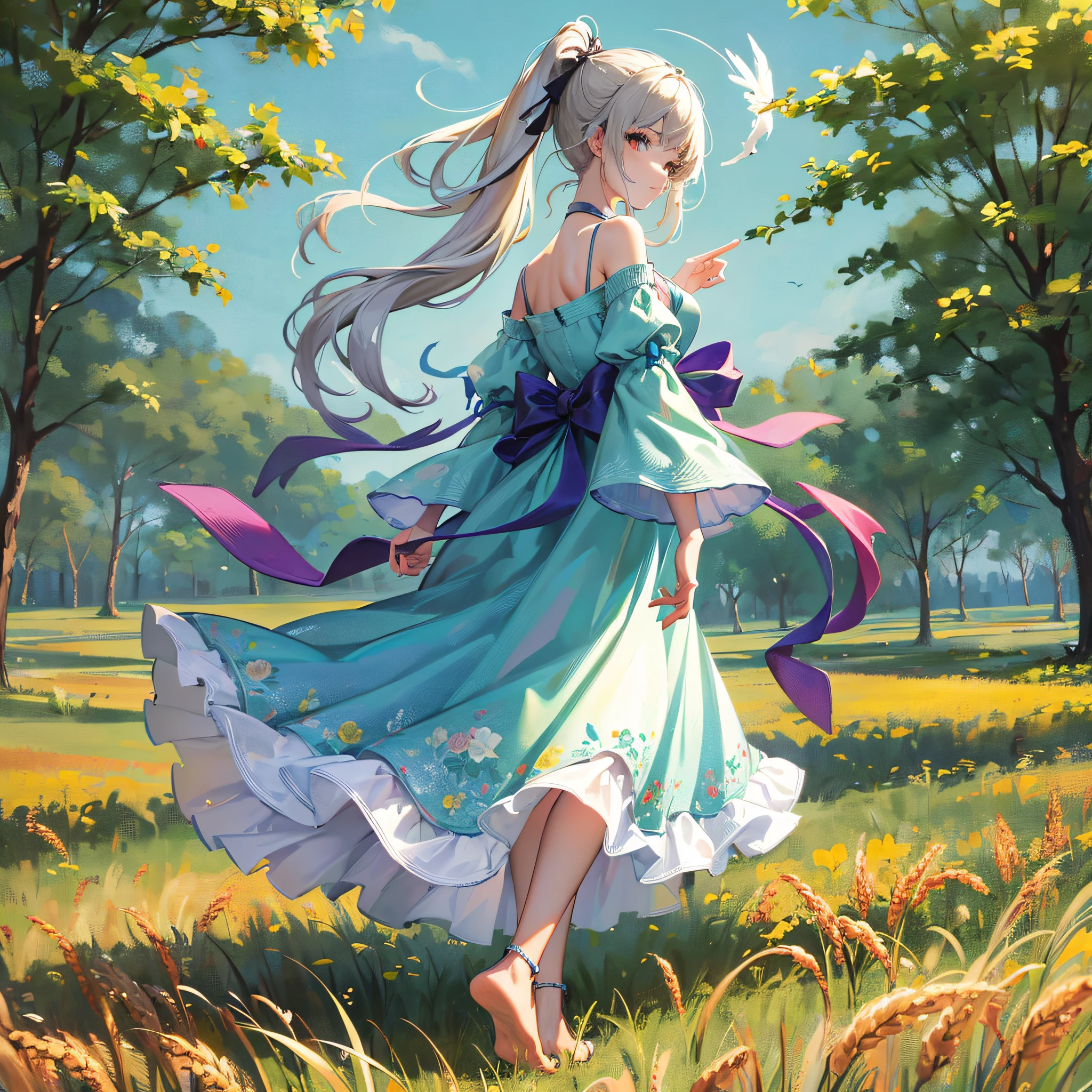 Masterpiece, best quality, (granularity: 0.7), intricate details, sharpness, perfect anatomy, fine details, bloom, noon, bright colors BREAK cute girl, detailed feet, viewed from the side, standing in the middle of the wheat field, double ponytail, white silk cool summer dress, bare feet standing in the wheat field detailed tree, summer, grass, (solo: 1.3), slight smile, BREAK very detailed and cool summer dress, colorful BREAK country rice field background --auto --s2