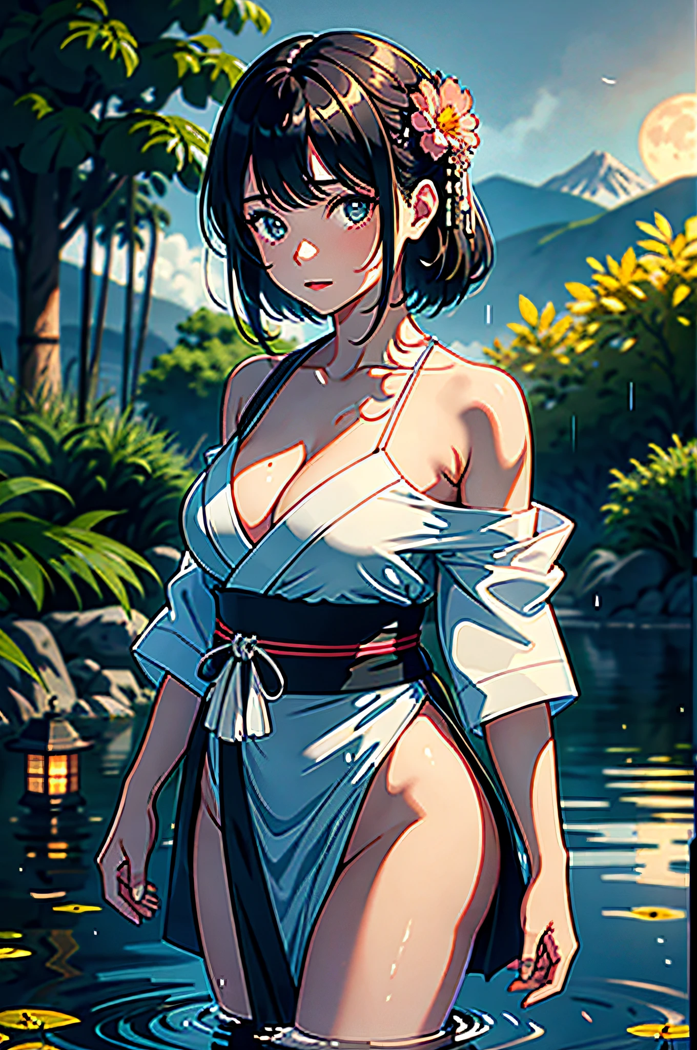 1girl, breasts, moon, lantern, night, solo, large breasts, hair ornament, wet, kimono, japanese clothes, wading, water, hair flower, flower, outdoors, sky, full moon, rain, black hair, off shoulder, mountain, cloud, holding, sash, bare shoulders, paper lantern, standing, white kimono, night sky, sideboob, obi, wet clothes, bangs, tree, from side, reflection, short hair, cloudy sky, wet hair (((masterpiece),(extremely detailed CG unity 8k wallpaper),best quality,,solo,1girl,cinematic lighting,detailed background,beautiful detailed eyes,bright pupils, (an extremely delicate and beautiful),(Beautiful and detailed eye description)， ultra-detailed,masterpiece,)),