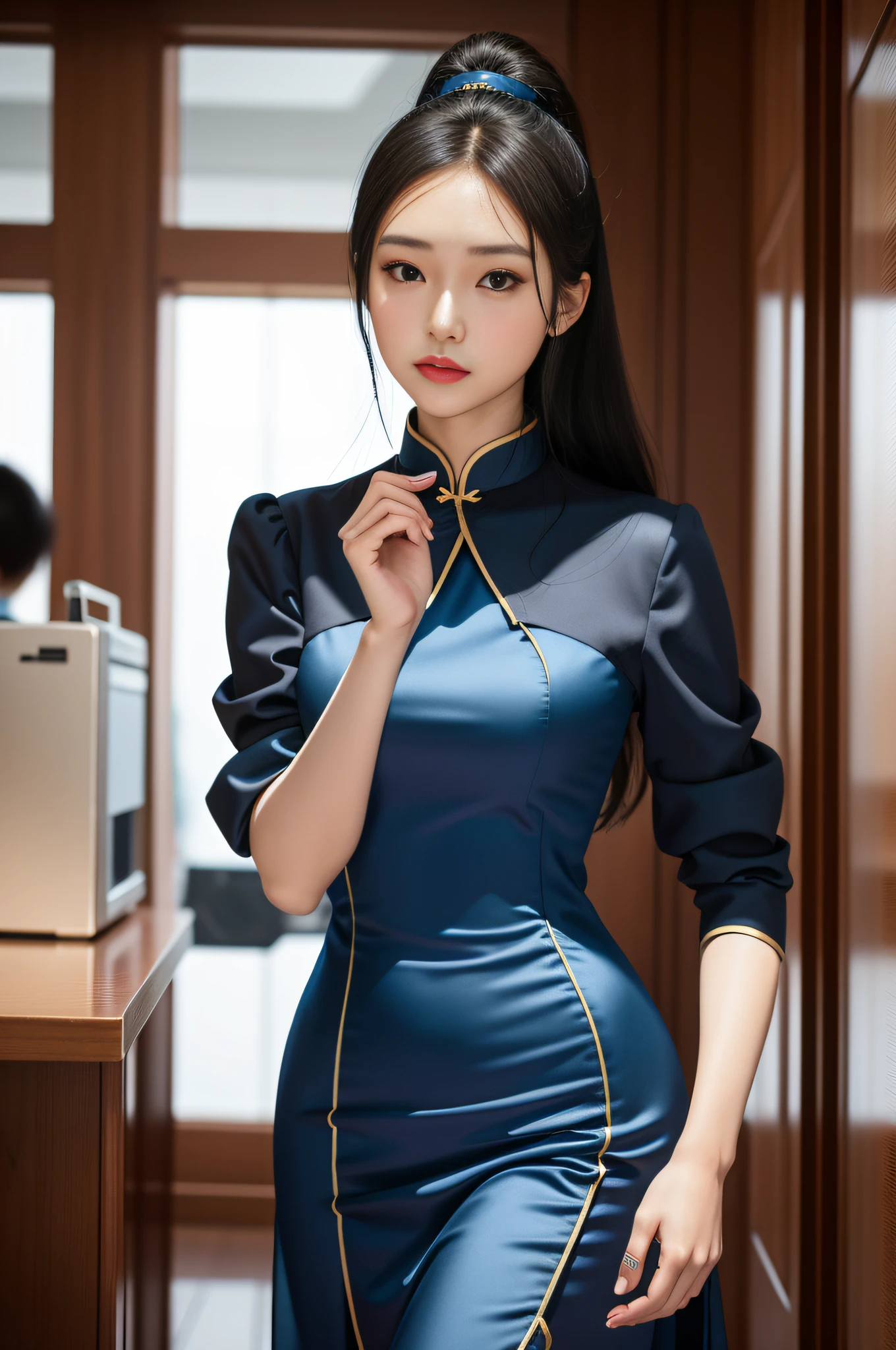 arafed woman in a blue dress and a black jacket, gorgeous young korean woman, beautiful young korean woman, beautiful south korean woman, korean women's fashion model, korean woman, beautiful young asian woman, beautiful asian woman, young asian woman, young asian girl, asian woman, in a blue qipao, korean girl, a young asian woman, beautiful body, 4k,