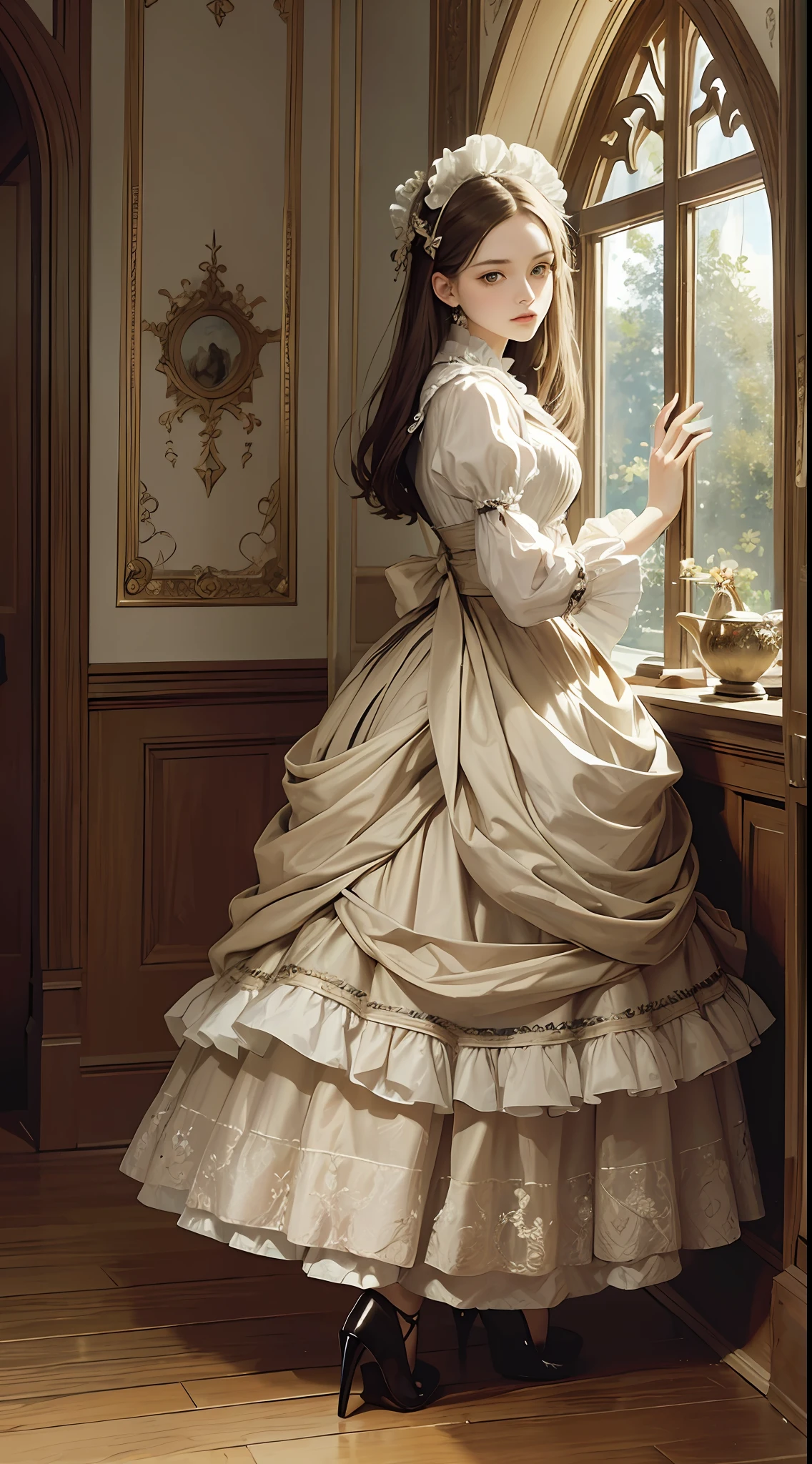 (Pure Color: 0.9), (Color: 1.1), (Masterpiece: 1,2) 30 years old, Best Quality, Masterpiece, High Resolution, Original, Highly Detailed Wallpaper, Beauty, Victorian, Dress, Melancholy, Sepia Color, 30 years old --auto --s2