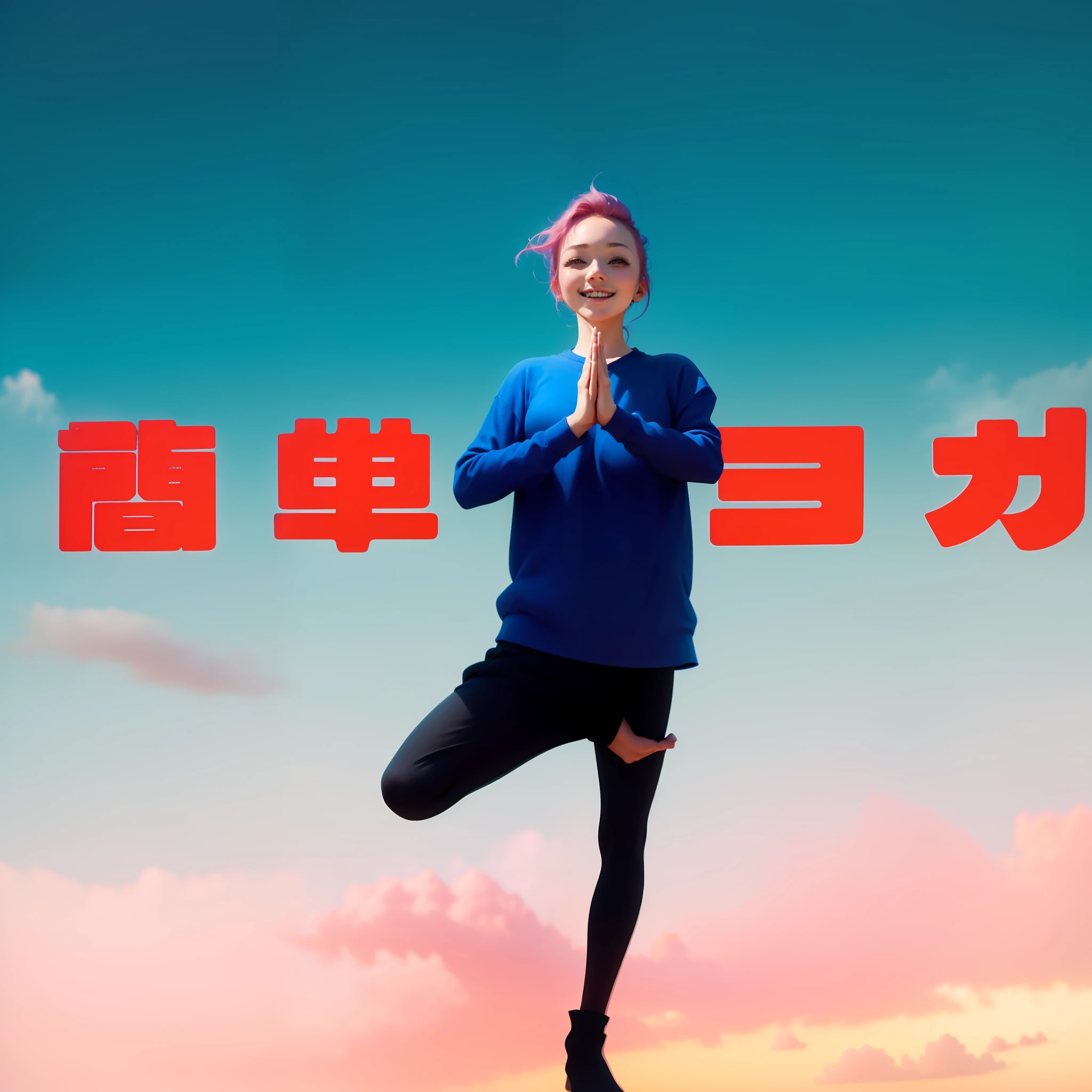 ((Beautiful: 1.1 + Cute: 1.2) Female),20s,Pink hair color、Natural atmosphere,Yoga fashion,Fresh,Sky,Landscape,(Makes you feel happy:1.2) Sonna feeling. --auto --s2