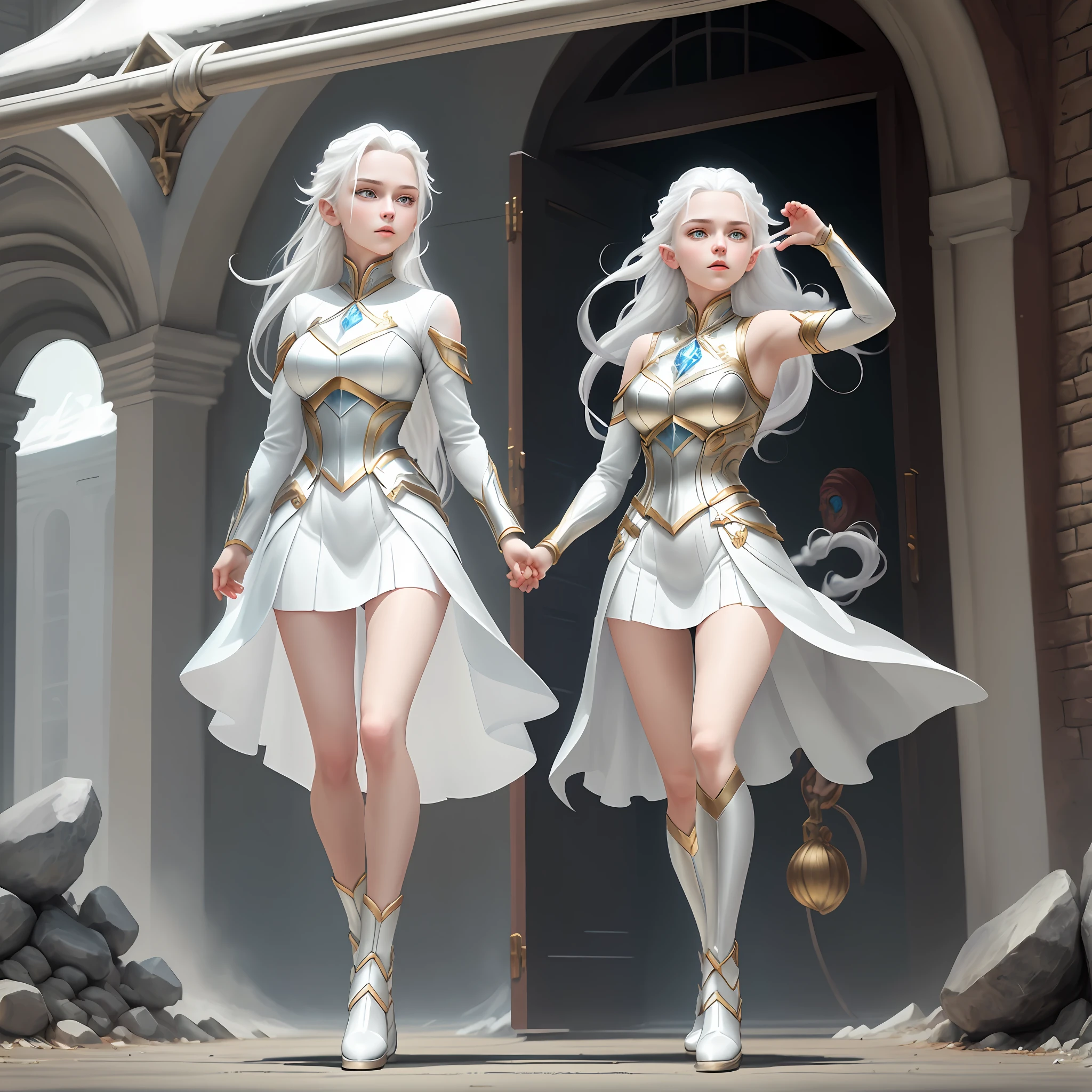 Excellent, masterpiece, white hair, golden eyes, 18-year-old female ice magician, white clothes, looking up, full body, hair, fair skin, long hair and waist, unleashing ice magic, riding a unicorn