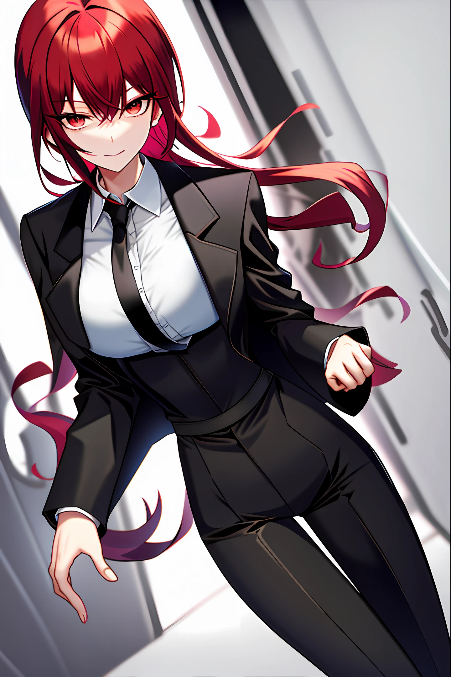 Anime beauty with red hair and slender figure, but D-cup wearing a black coat, white shirt, black tie and black silk