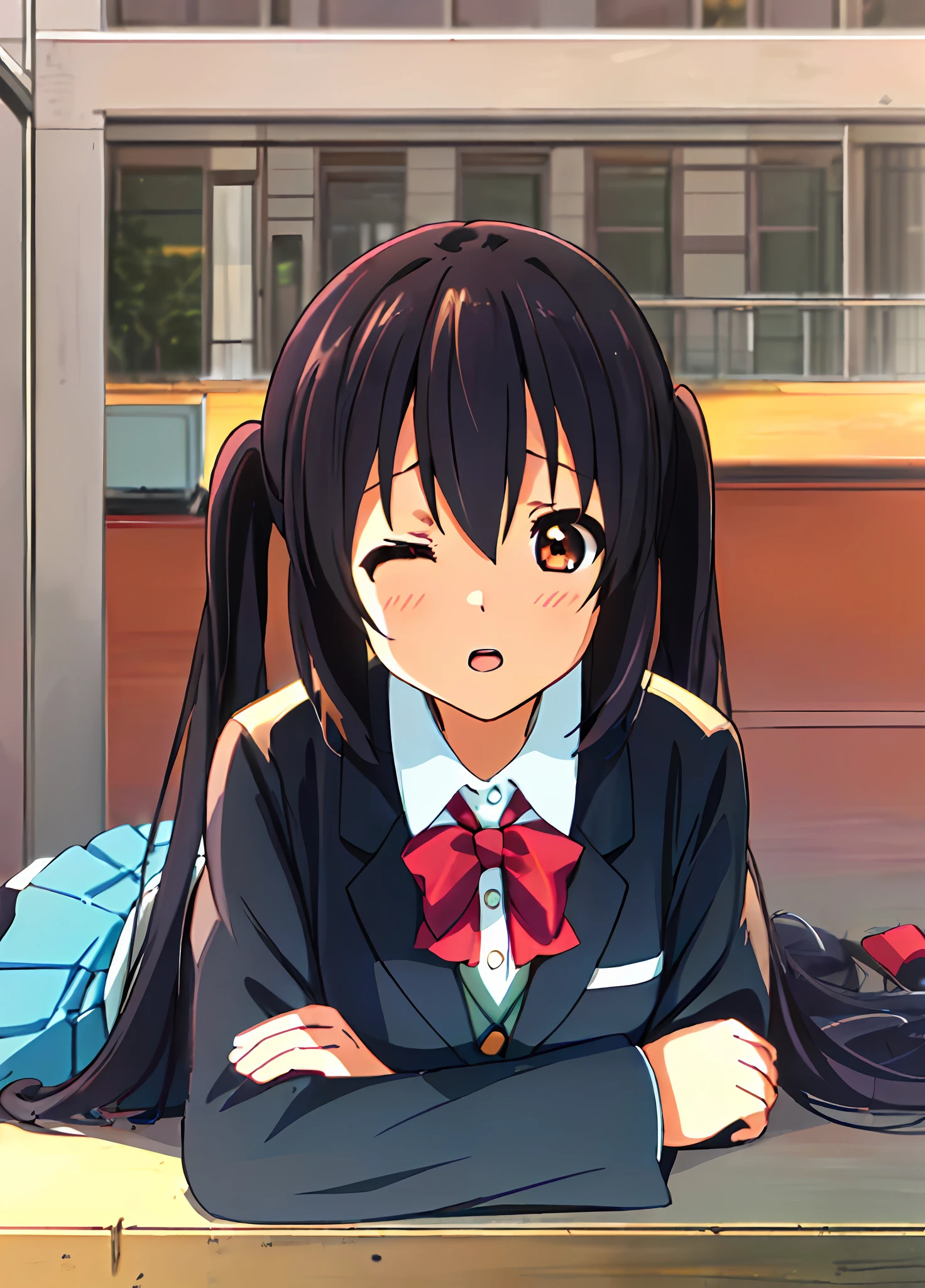 1girl, ((((Masterpiece))), Best Quality, Best Quality, High Detail, Azusa Nakano, 1girl, Sakuragaoka High School Uniform, Musical Instrument, School Uniform, Twin Tails, Long Hair, Black Hair, Brown Eyes, Solo, Red, Dark blue blazer with a thin ribbon of red, Solid white button shirt under blazer, Illustration, Cartoon, Soothing tones, Muted colors, Soft cinematic light, Adobe Lightroom, Photo Lab, HDR, complex and highly detailed, (((depth of field))))). (((Masterpiece))). (((highest quality))).) ((super detail))). (((Illustration))). (((Outside))). (((fighting stance))).,(((Lying down))).dynamic focus.small breasts.. (((Face of sadness))). Open mouth.Close your eyes.Spread your arms.Ground.Lie on your back.