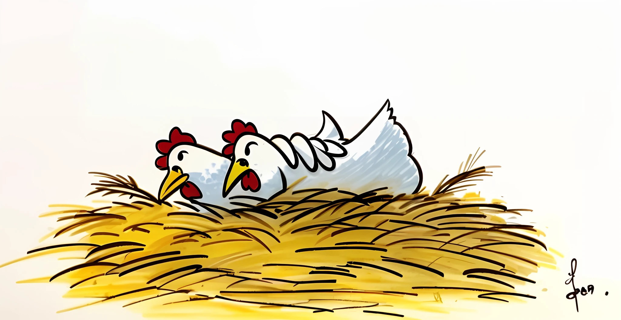 drawing of a chicken laying in a nest with a bird on it, chickens, animated film still, film still from an cartoon, anthropomorphized chicken, inspired by Carl Barks, animation film still, an illustration, by János Kass, hand - drawn animation, illustration of a rooster, inspired by William Steig, children's book drawing, chicken --auto --s2
