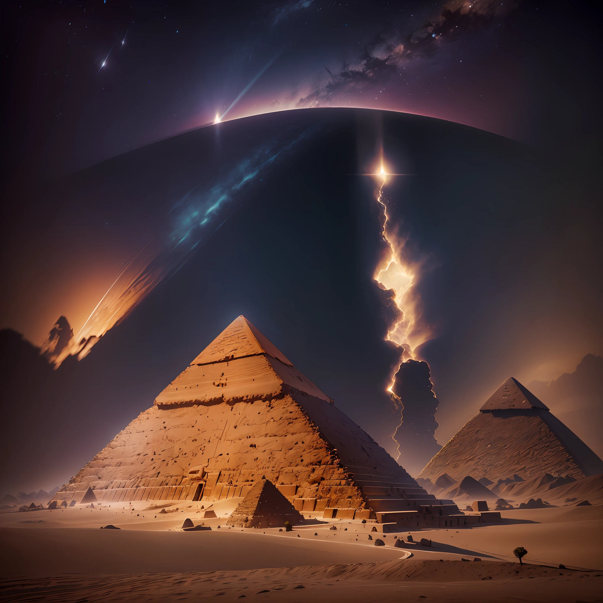 Night photo of the pyramids of Egypt, Octane Render, HDR, (hyperdetailed: 1.15), (soft, sharp light: 1.2)