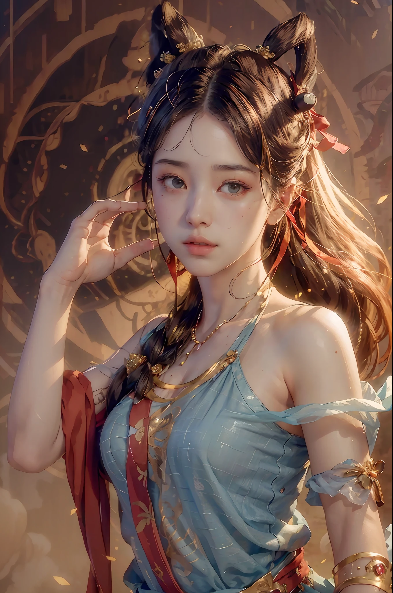 (RAW photo, best quality), (realistic, photo-realistic:1.3),best quality,highly detailed,masterpiece,ultra-detailed,illustration,1girl,upper_body,dynamic angle,world masterpiece theater,messy_long_hair,best quality,extremely detailed CG unity 8k wallpaper,ink,Amazing,cinematic lighting,lens_flare,,dunhuang_style