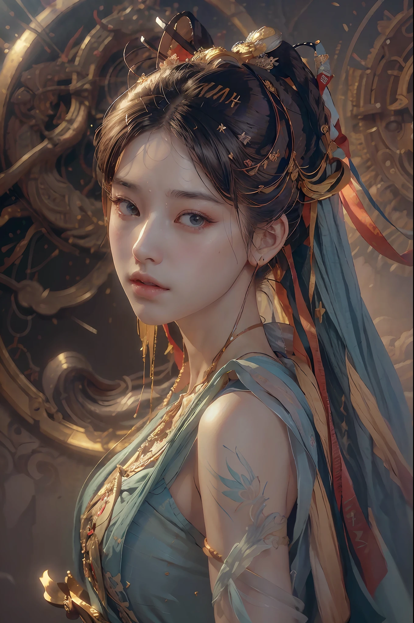 (RAW photo, best quality), (realistic, photo-realistic:1.3),best quality,highly detailed,masterpiece,ultra-detailed,illustration,1girl,upper_body,dynamic angle,world masterpiece theater,messy_long_hair,best quality,extremely detailed CG unity 8k wallpaper,ink,Amazing,cinematic lighting,lens_flare,,dunhuang_style