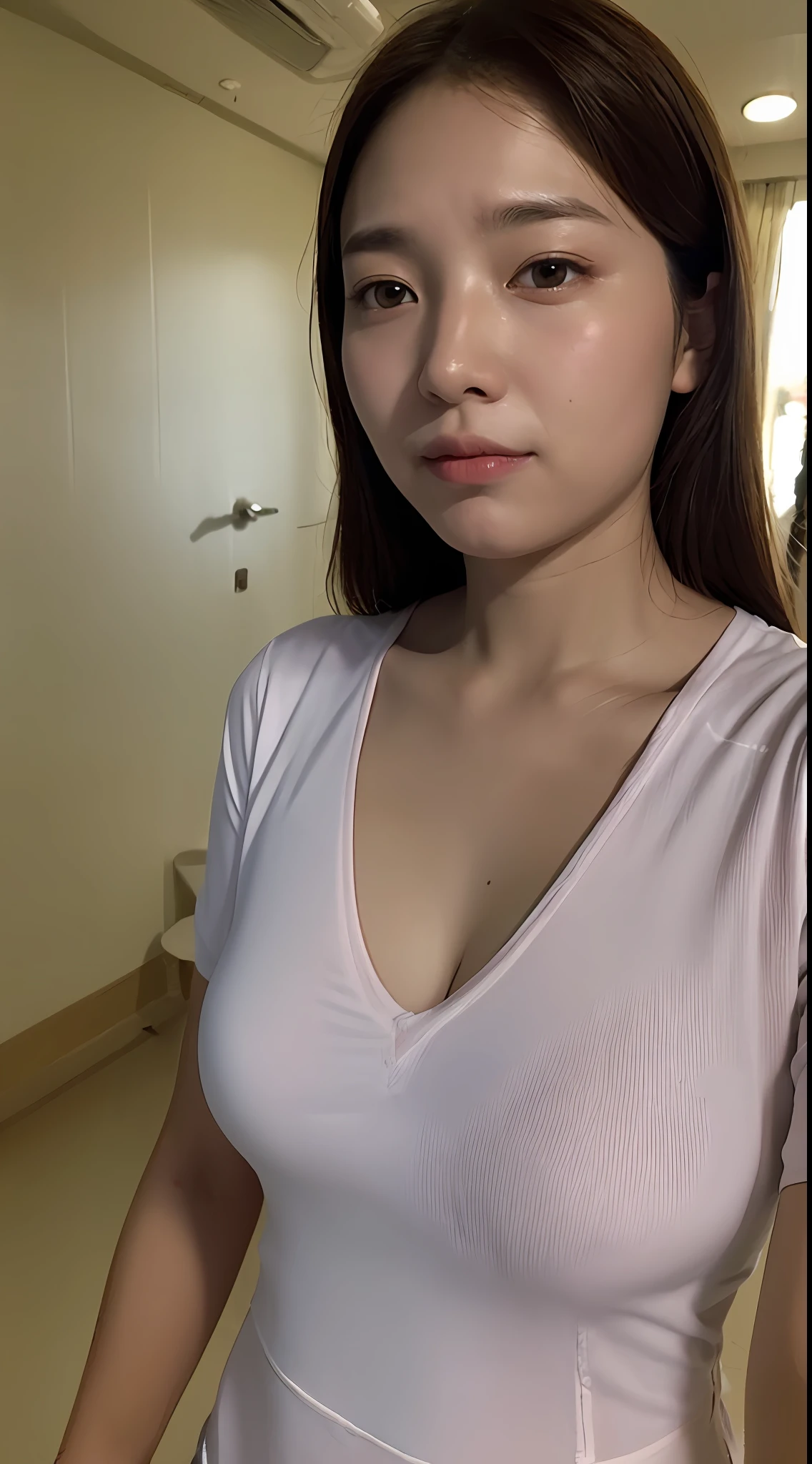 (Representative Works:1.2), (Ultra Details:1.0), 20-year-old girl, Tipster,, Watch the viewer, No makeup, (No bra),Blurred background, Hospital, (Nurse:1.0)