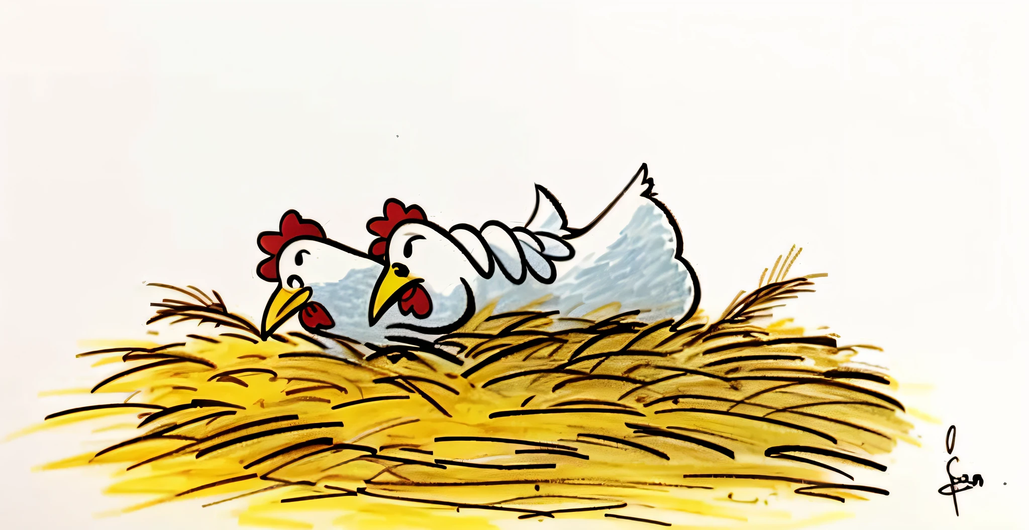 drawing of a chicken laying in a nest with a bird on it, chickens, animated film still, film still from an cartoon, anthropomorphized chicken, inspired by Carl Barks, animation film still, an illustration, by János Kass, hand - drawn animation, illustration of a rooster, inspired by William Steig, children's book drawing, chicken --auto --s2
