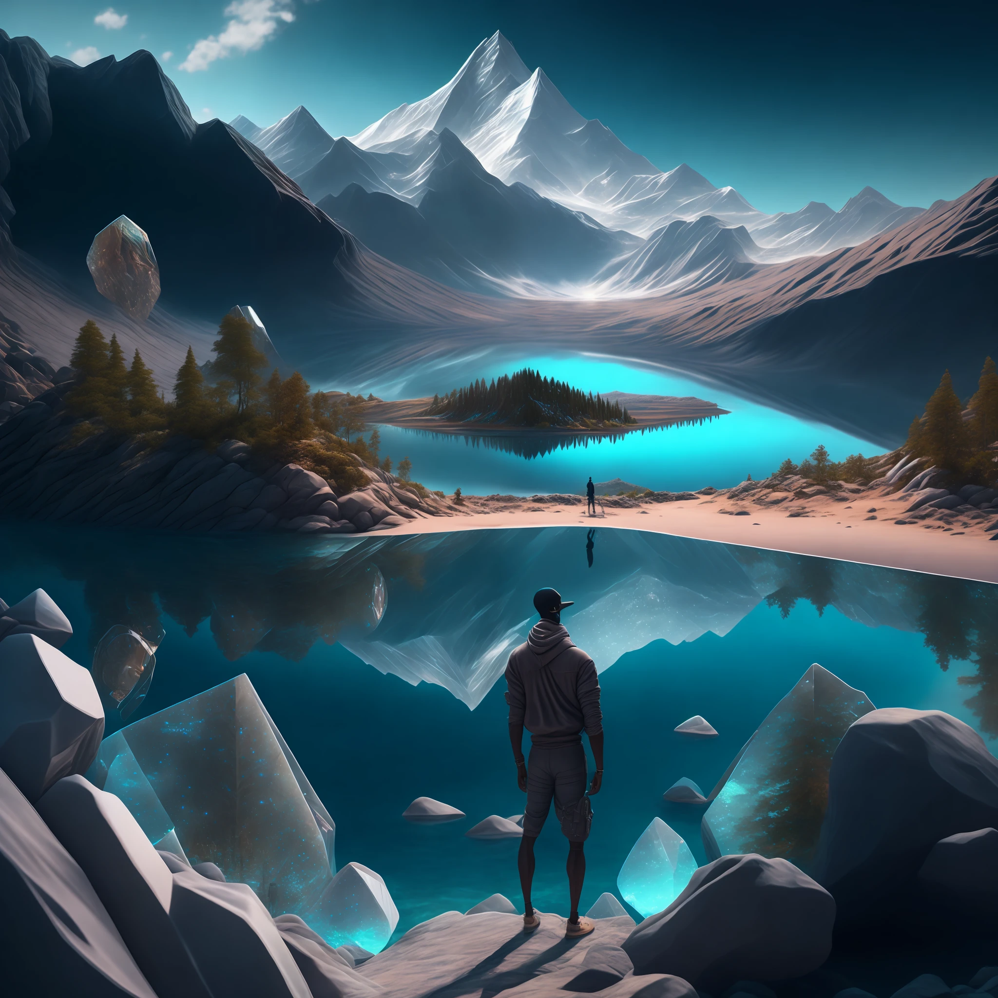 Highly detailed and intricate 8k concept art trend art of a black man on the edge of a crystal clear lake, looking at a mountain across the lake.