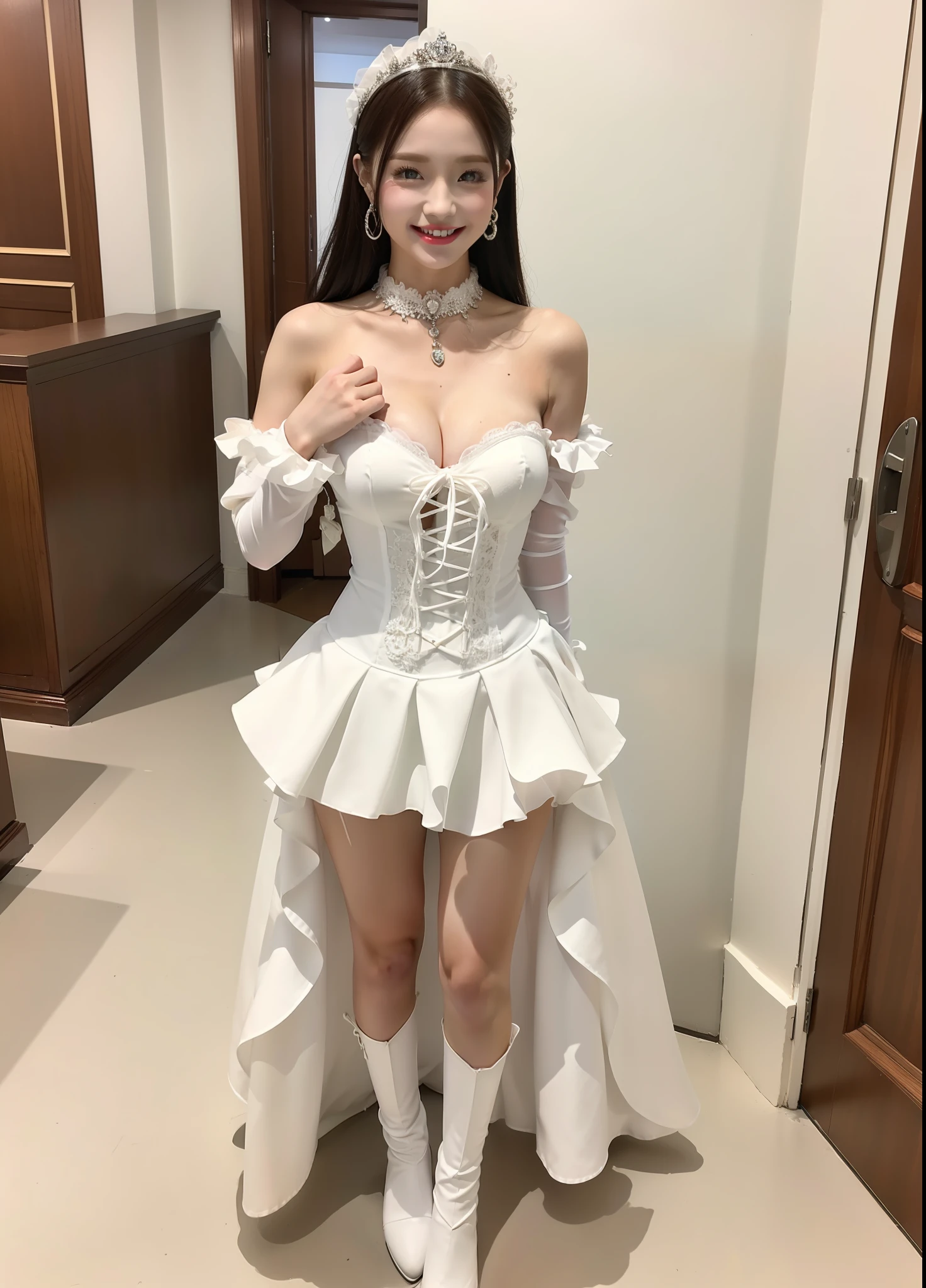 white idol costume, beautiful girl, alone, smile, indoors, bust up