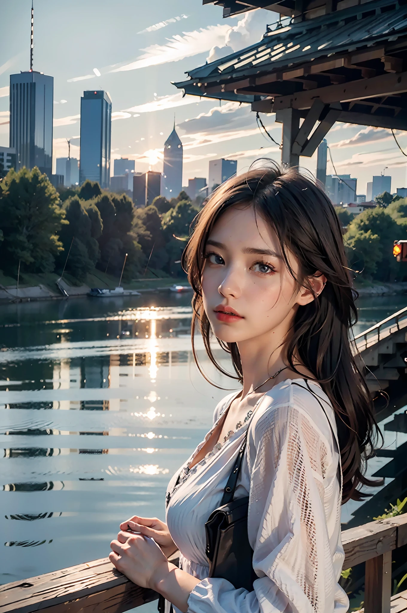 best quality, masterpiece, photo realistic, intricate details, raw photo, photon rendering, octane render, absurdres, ultra detailed, detailed face, detailed skin, trending on artstation,8k masterpiece,cinematic lighting, scenery, scenery, no humans, cityscape, sky, city, cloud, outdoors, building, sunset, city lights, bridge, river, tree, roadn, artist name,