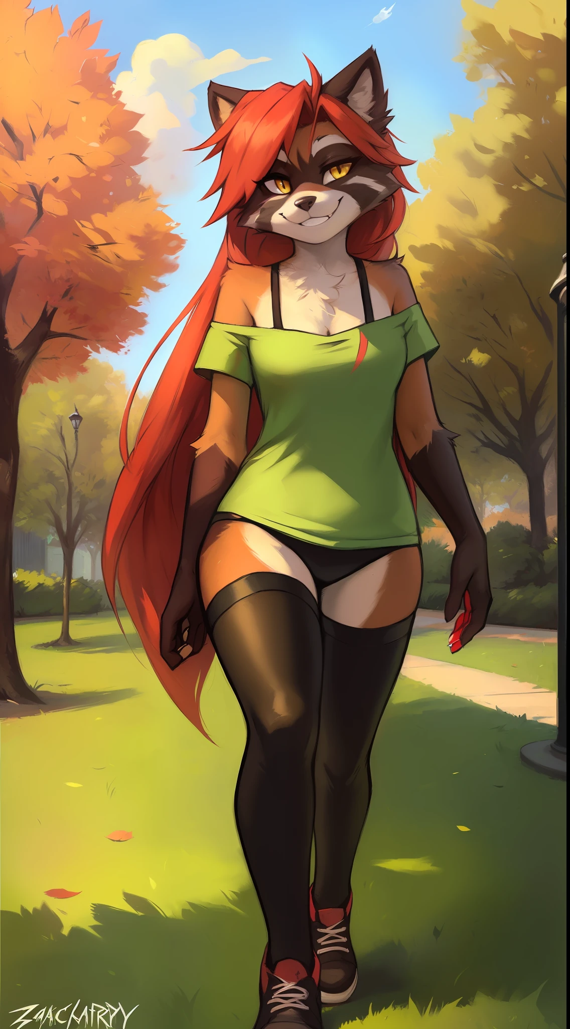 ((masterpiece, best quality)), (anthro furry:1.3, snout:1.2, anthro:1.3, furry:1.2, solo female:1.2, neckline, standing, smile, red), green top, thight leggings, full body, Long hair, red hair, Raccoon, yellow eyes, fang teeth, smug smile, half-closed eyes, breast, cat walking, park, by Zackary911, Kenket, Kilinah, Zackary911