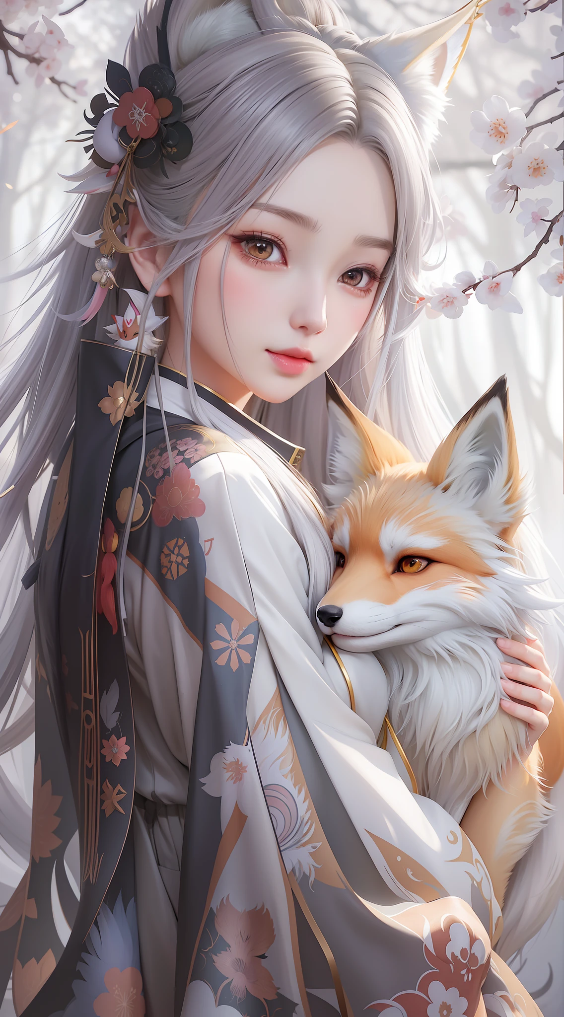 anime girl with long hair and a fox in a kimono, a beautiful fox lady, fox nobushi, kitsune, a beautiful kitsune woman, white - haired fox, artwork in the style of guweiz, detailed digital anime art, anime art wallpaper 4 k, anime art wallpaper 4k, trending on artstation pixiv, extremely detailed artgerm
