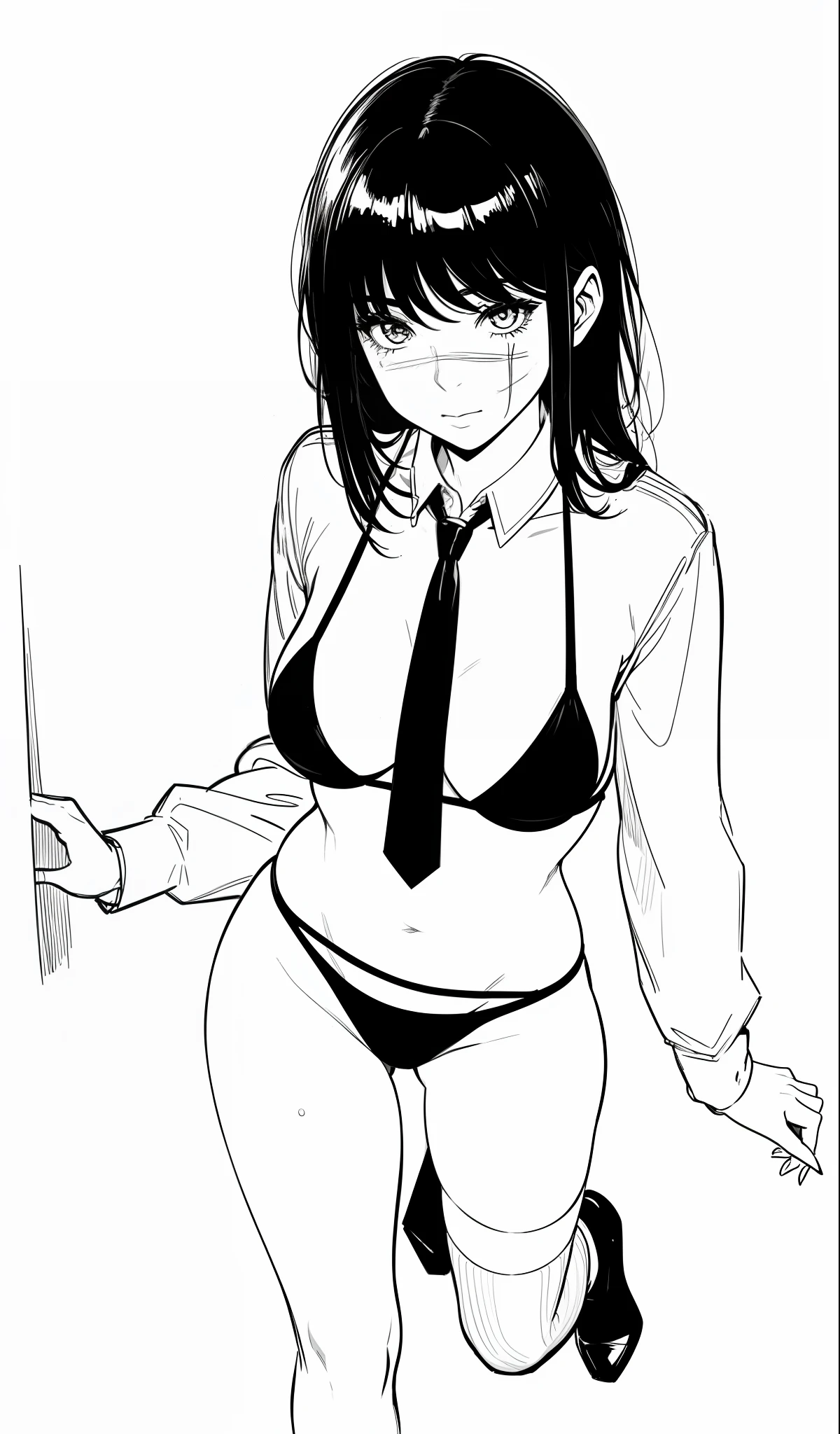 1girl, posing, sexy, bikini, ((micro bikini)), full body, lineart, monochrome, scar, school stockings, white background, bottomless, best quality, good anatomy, perspective from above, black hair, designs