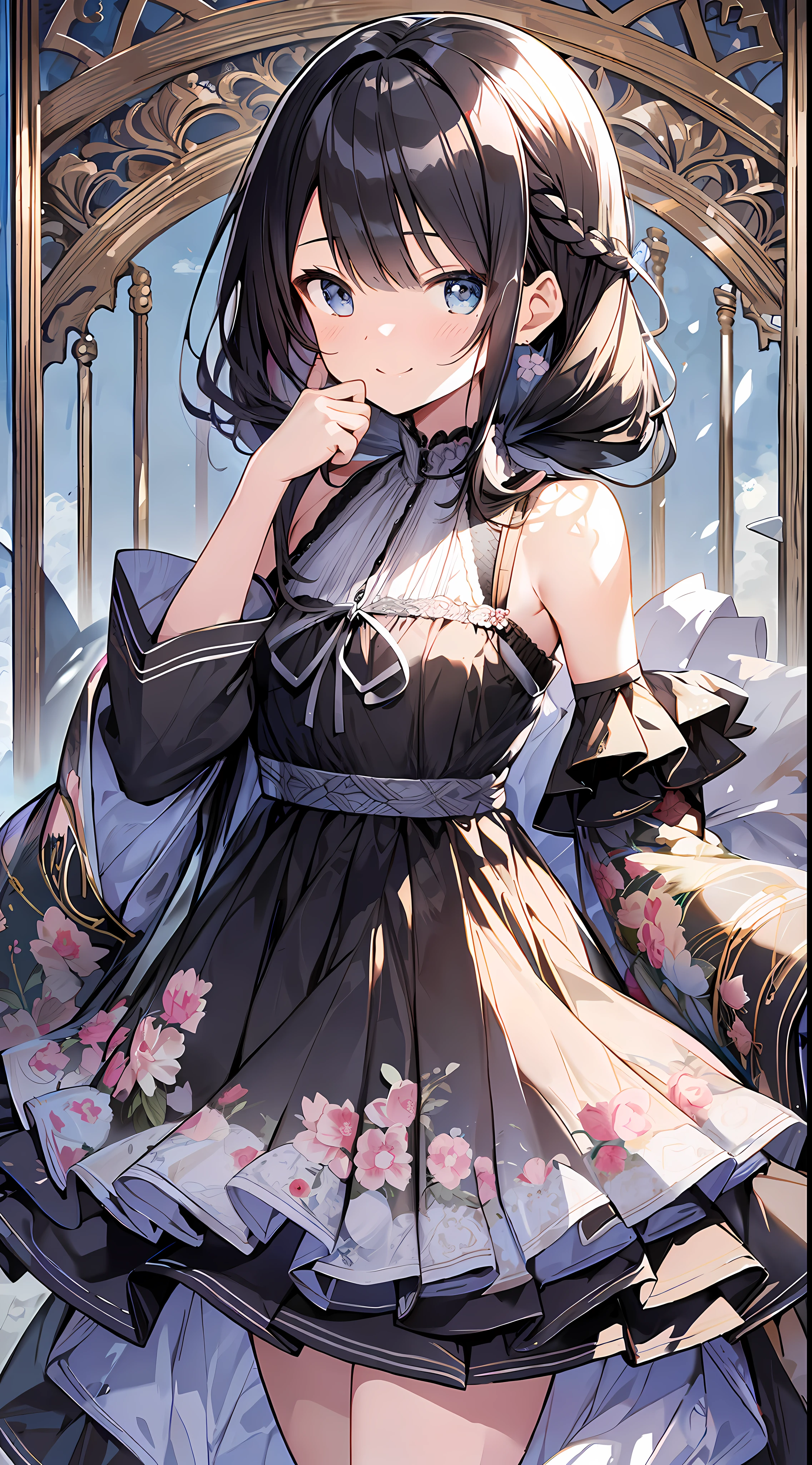 (Incredibly Absurdres Absolutely Resolution: 1.5), Top Quality, Masterpiece, Ultra High Definition, 8K, Early Summer, (Uniform), Shojo Manga Style , One, Soft Line Art, Digital Enhancement, Shojo Manga Touch, Shojo Manga Core, Flowing Fabric, Close Up, (Shoulder Length and Short Braids)), Soft Drawing, Fluffy, soft, beautiful black hair, clear eyes, ((gentle smile)), ultra-detailed digital anime art, clear face depiction, ultra-detailed shojo manga character art, clear facial features, ultra-detailed manga style, top quality colors, hand gestures, foot-visible angles, nature, zentangle: 1.3, entangle, beautiful and aesthetic:1.3、High quality:1.3