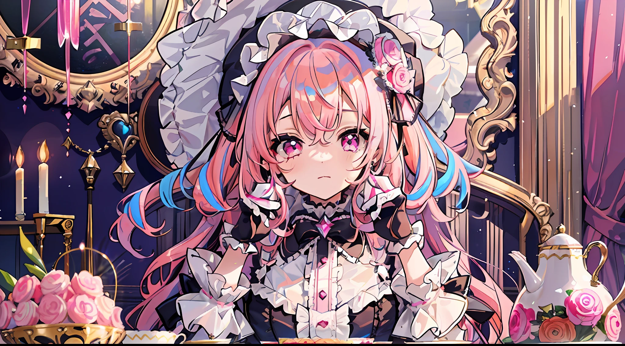 1girl, extreme detail, lolita, lolita fashion, frills, intricate and gorgeous, gloves, afternoon tea, ponet hat, curly hair, macarons, cream, colorful, pink hair, blue hair, gradient pick dye, candy, shiny crystal, shiny, light particles, dynamic pose, dramatic composition, candy hair accessories