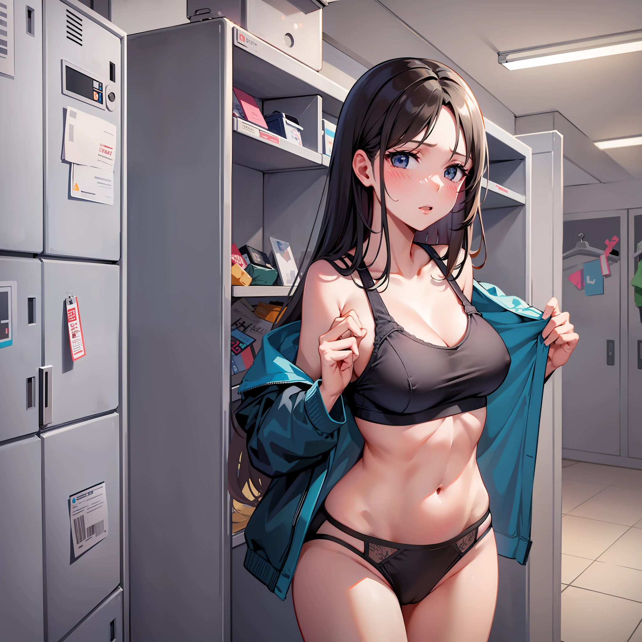 realistic, girl, single, changing room, locker room, changing clothes, undressing, underwear