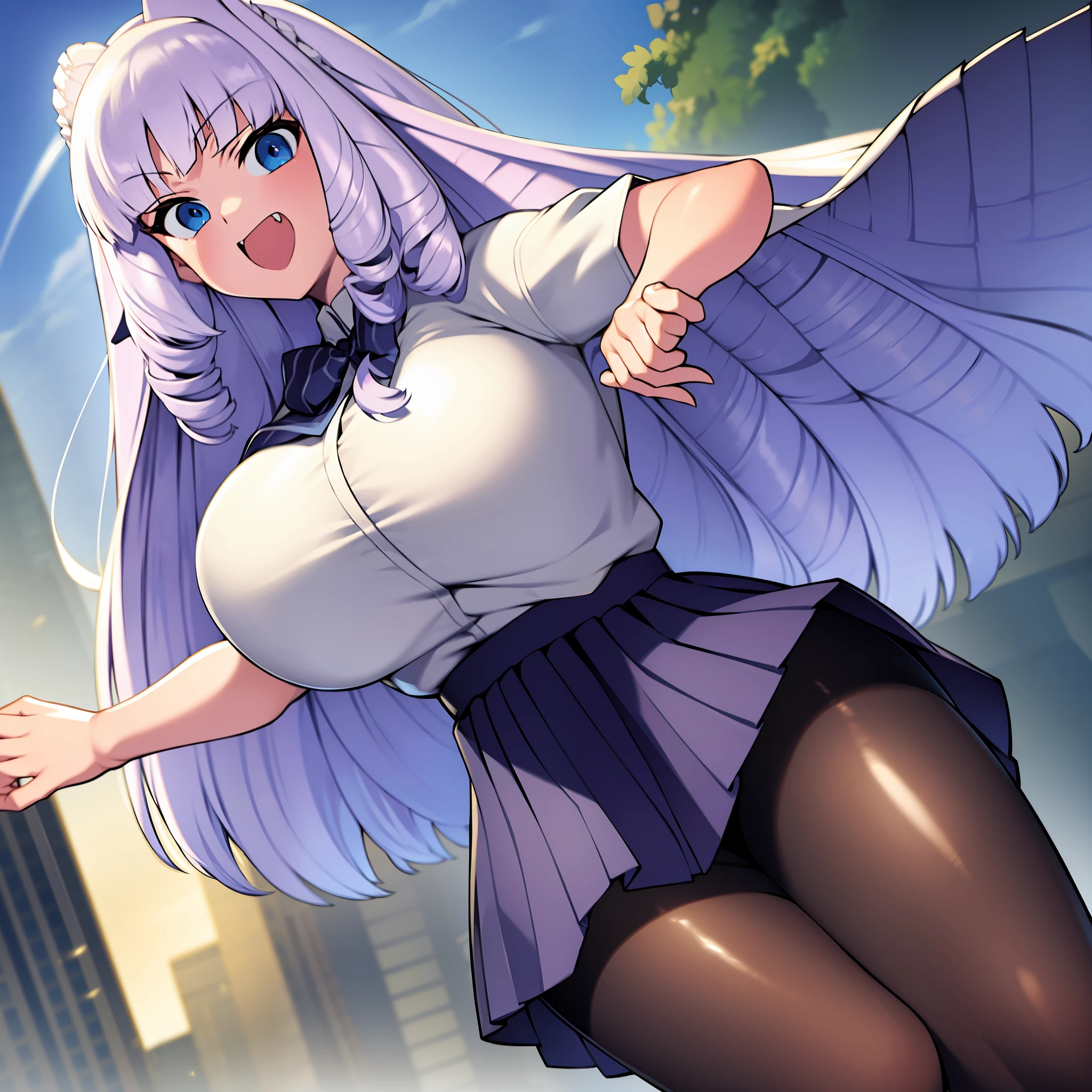 1girl, solo, Fujido Oriko, giantess, black pantyhose, blue eyes blue skirt, blunt bangs, breasts, cowboy shot, drill hair, fang, large breasts, long hair, looking at viewer, looking back, open mouth, pantyhose, pleated skirt, shirt, short sleeves, skirt, kung fu pose, white hair, white shirt, standing, giant among buildings, taller than a skyscraper,