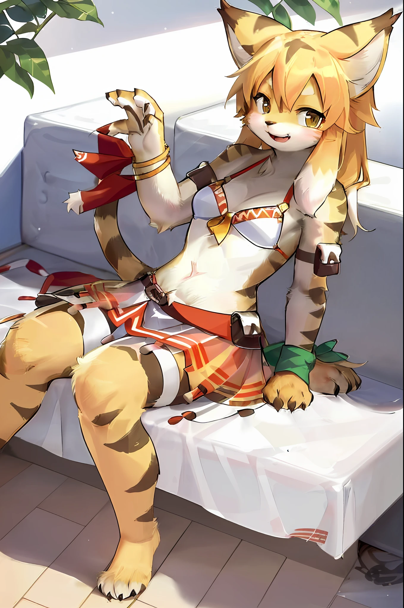 18yo,smiling, flat chest, paw gesture, art by dagasi, (((best quality))), solo, sitting, (upper body close up), reimu, 18yo , cat ears, long hair, ((white fur)), ((body fur)), (smooth fur), (striped shirt), (sport skirt), flat chest, fluffy tail, blush, (:3), (on bed), realistic
