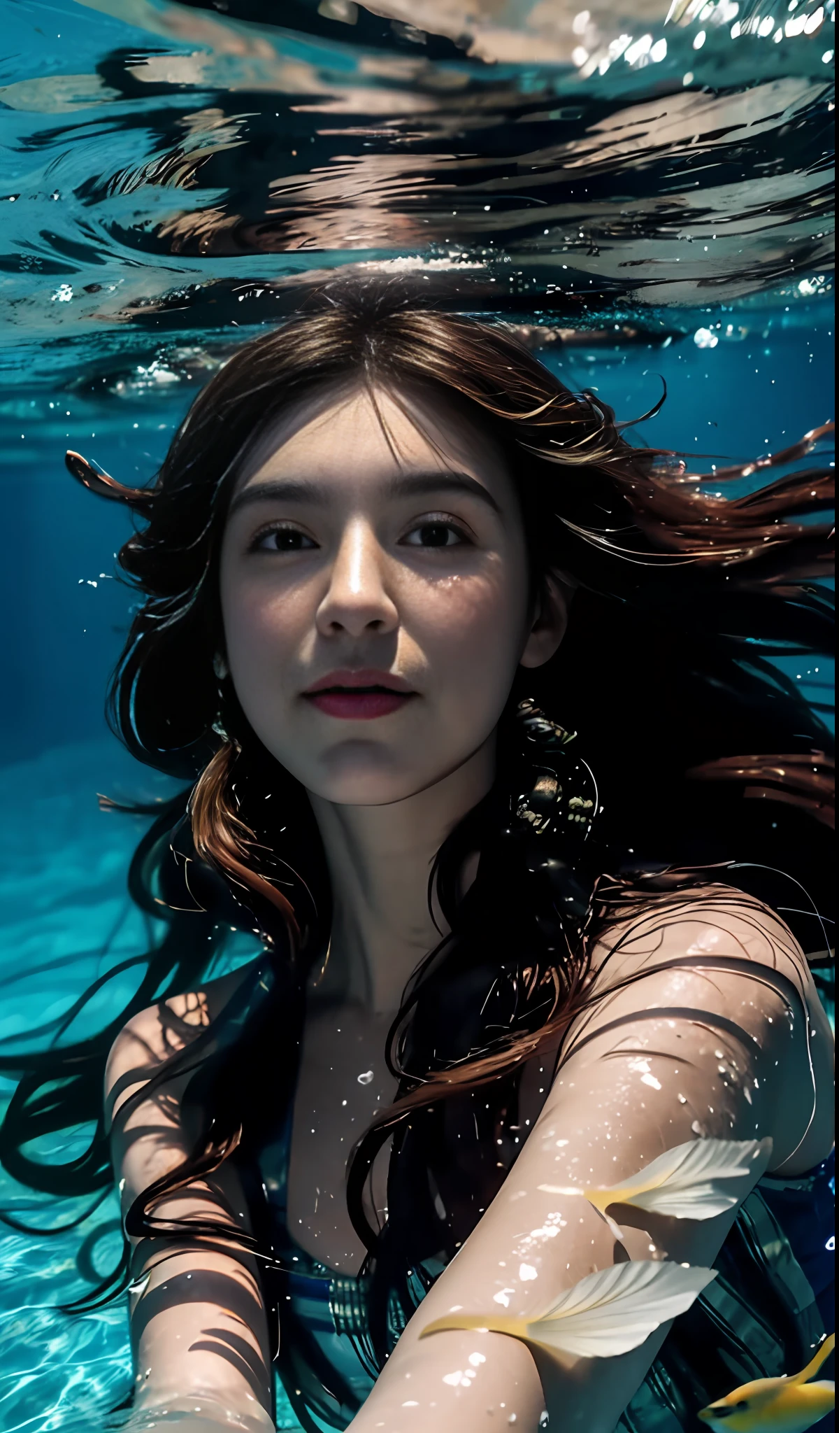 Cinematic Light, Cinematic Style, Best Quality, Long Hair, (European and American Girls), 18 years old, Double Eyelids, 1girl, Medium Points, Flowing Hair, Delicate Hair, Real, Background Blur, Eye Shadow, (Side Laying), (American Flag), Queen of Atlantis, Smile, (Underwater: 1.4), Floating, (Swimming), Swimming Circle, (Coral: 1.4), (Fish), (Undersea), Sunlight, Tyndall Effect, Atlantis, Hair Scattered Floating, Kelp, Seagrass, Underwater, Heart of the Ocean, Straight face, glowing eyeballs