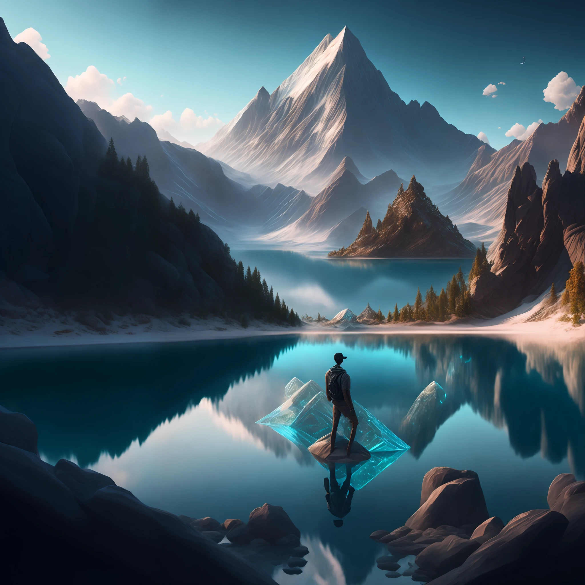 Highly detailed and intricate 8k concept art trend art of a black man on the edge of a crystal clear lake, looking at a mountain across the lake.