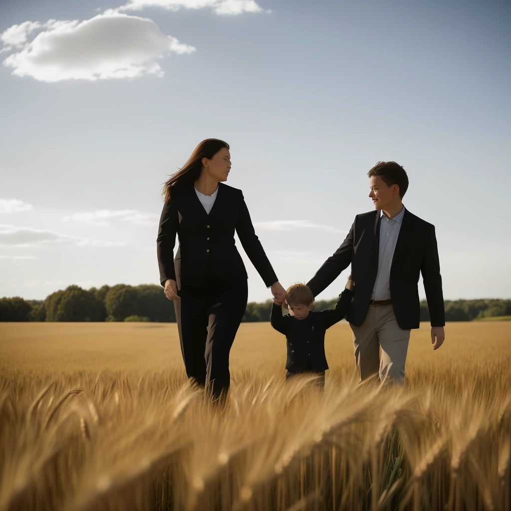 a woman and a boy walking through a wheat field, a photo of Alexander Fedosav, shutter, figuration libre, husband, wife and son, lonely family, in the field, walking in the wheat field, in a field, in high resolution field, family portrait of three people, walking in tall grass field, in a scenic setting all black