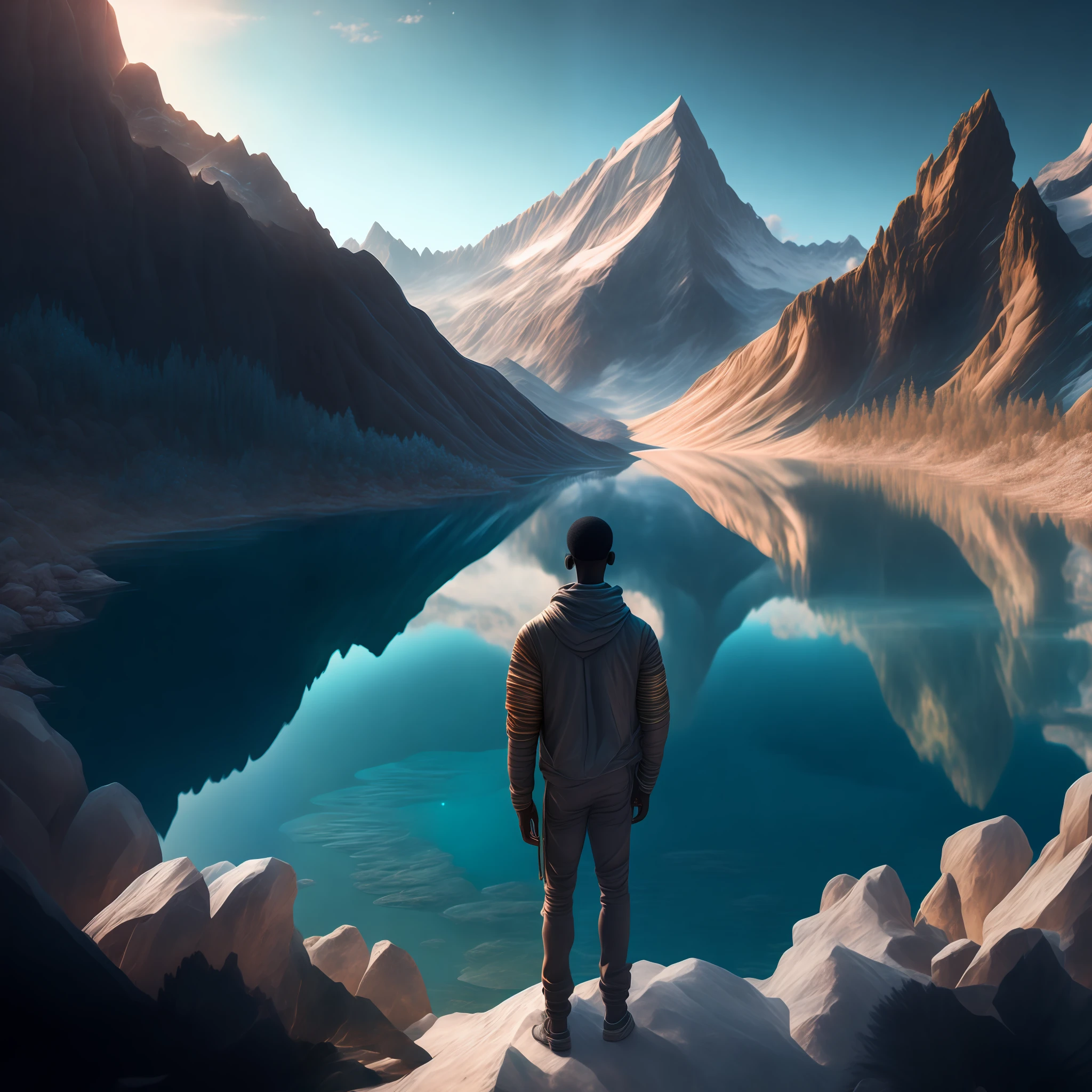 Highly detailed and intricate 8k concept art trend art of a black man on the edge of a crystal clear lake, looking at a mountain across the lake.