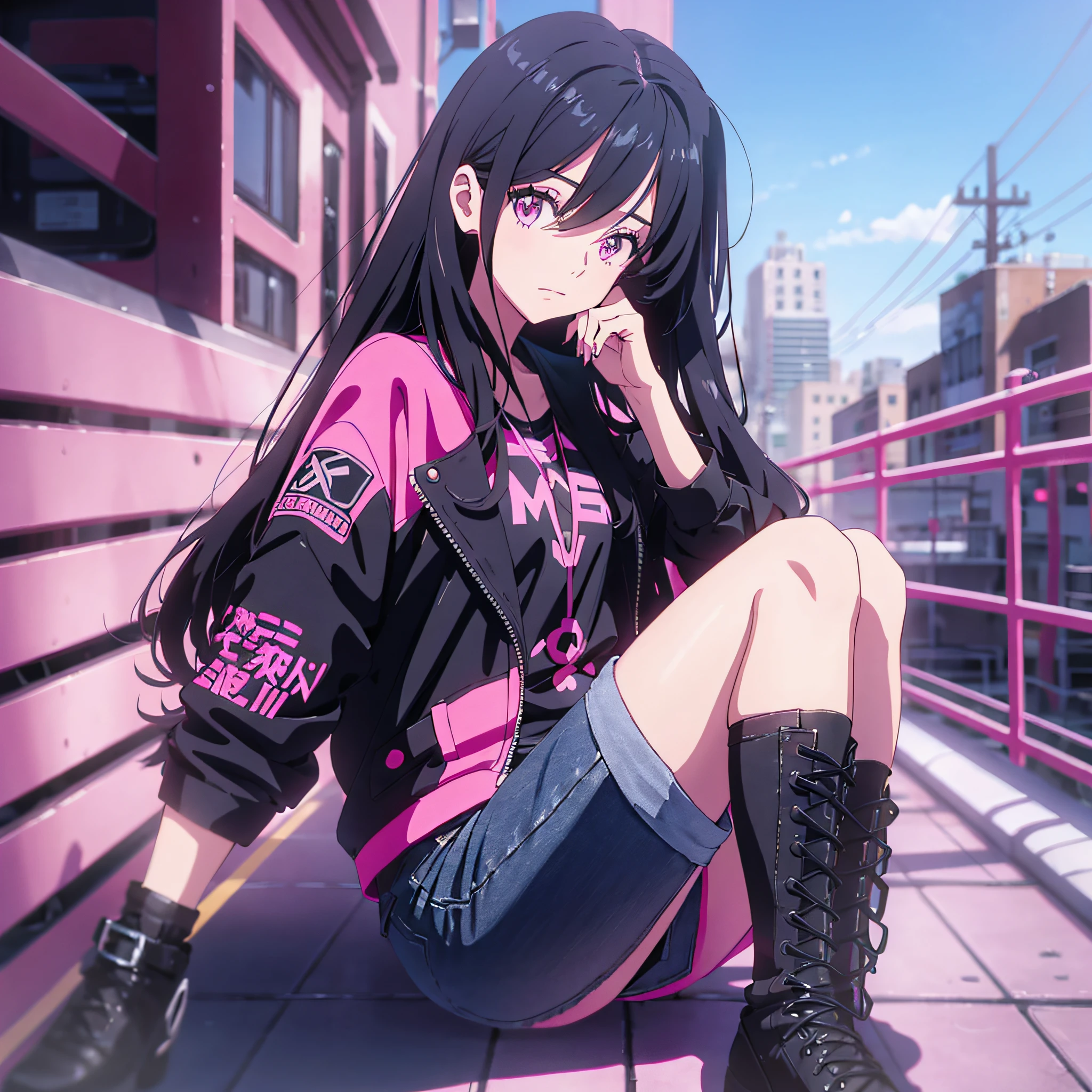 Anime style, girly, long hair, pink eyes, black hair, long legs, black jacket, denim shorts --auto --s2