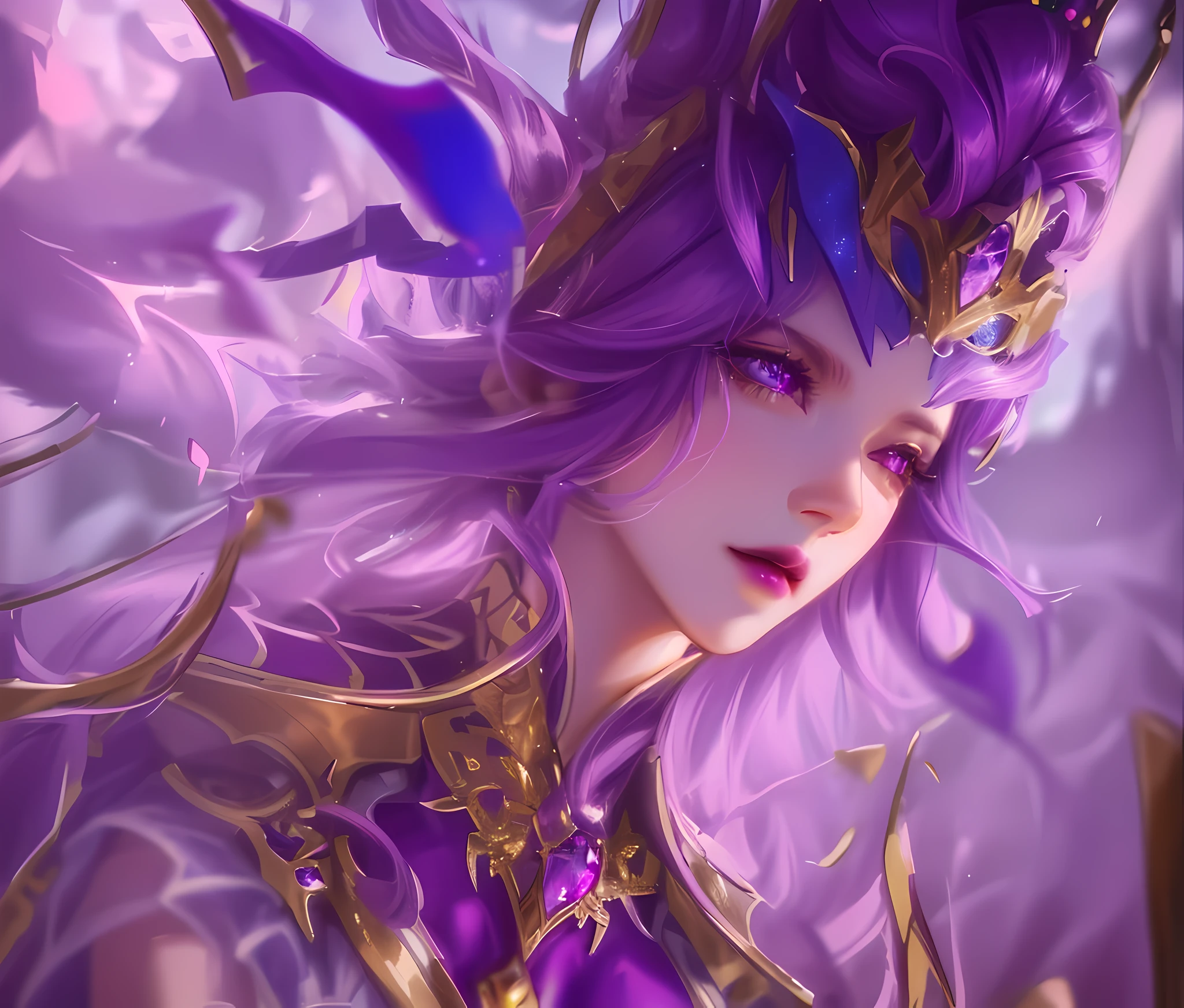 Best Quality, Excellent Picture Quality, 8K Ultra Definition, Masterpiece: 1.2, Super Detailed, Beautiful Character Painting, Inspired by Bibi Dong from "Douluo Continent", epic character art, super detailed costume details, light purple eyes, mouth closed, dark purple crown, dark purple and dark gold clothes, dark purple background, spider gemstone necklace, lilac lips