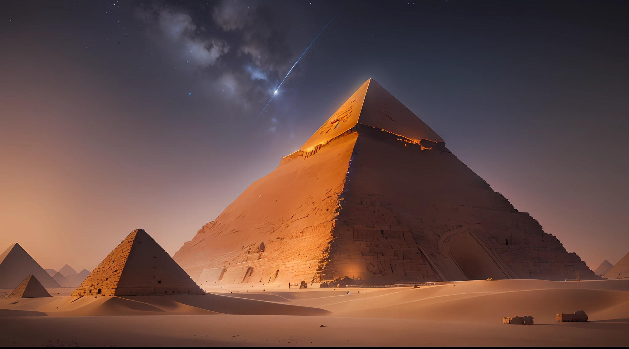 Night photo of the pyramids of Egypt, octane render, HDR, hyperdetailed, soft light, sharp