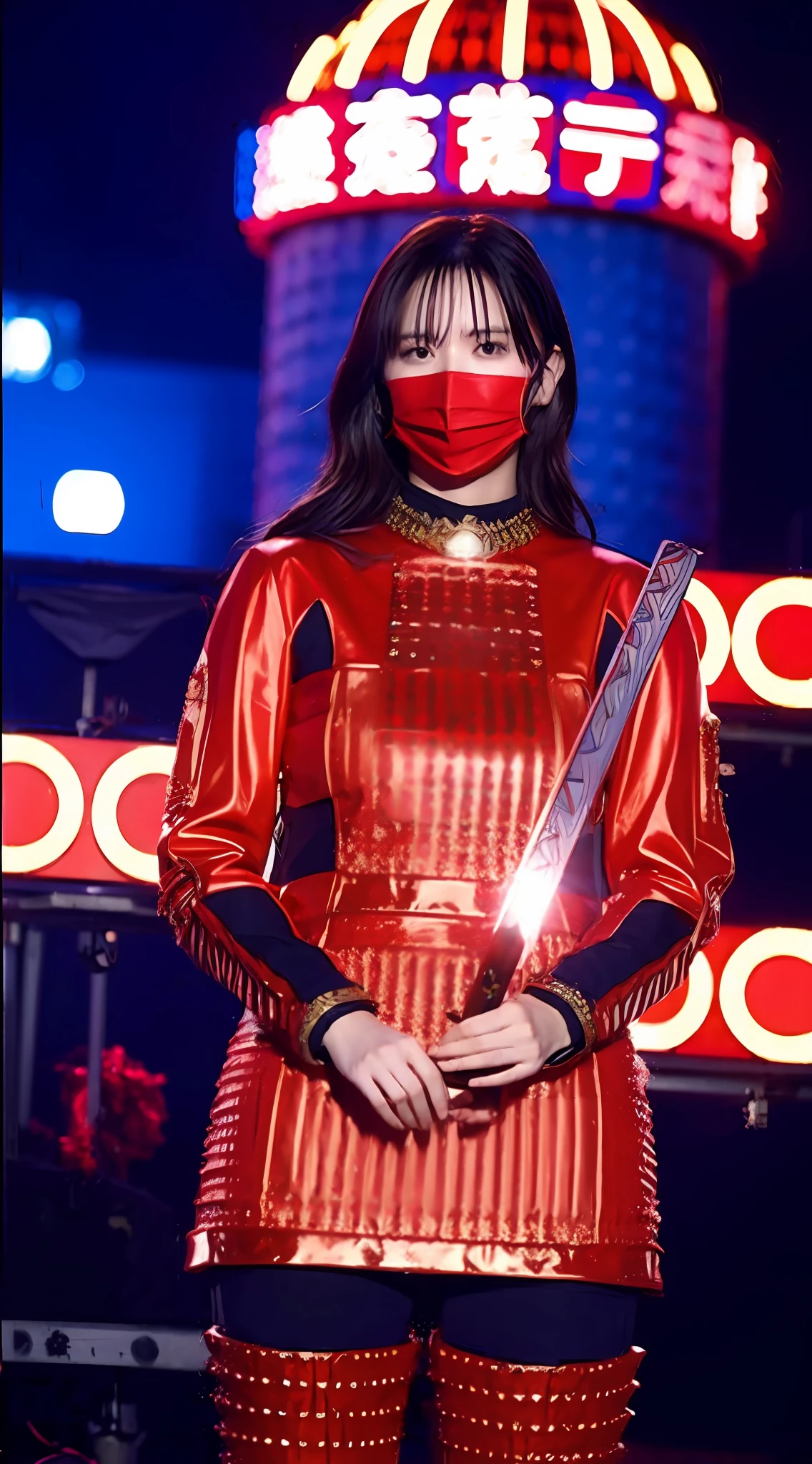 Woman in red armor and helmet, brave mask holding a sword, full body, on a building, Tokyo neon sign in the background, motorcycle group with flag behind it,