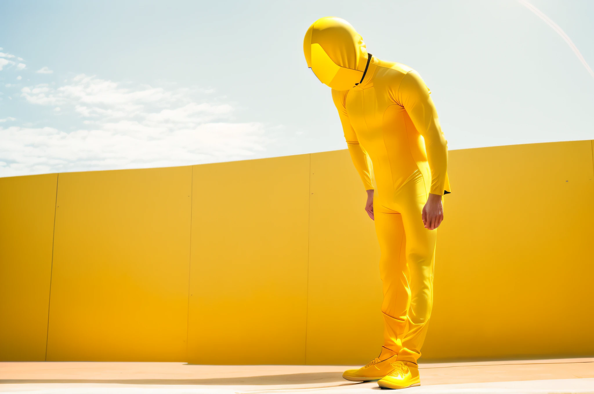 Man in yellow bodysuit, yellow body, zentai suit, full bodysuit, skin tight suit, lycra costume, tight full body suit, yellow skin, yellow jumpsuit, yellow bodysuit