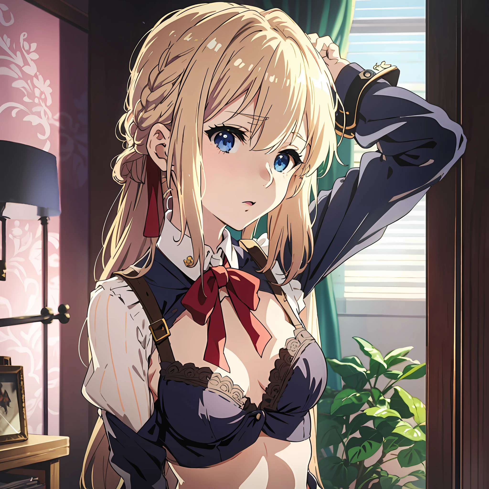 Violet_evergarden, loli, small breasts, petite, blonde,wearing bra, wearing panties, red ribbon
