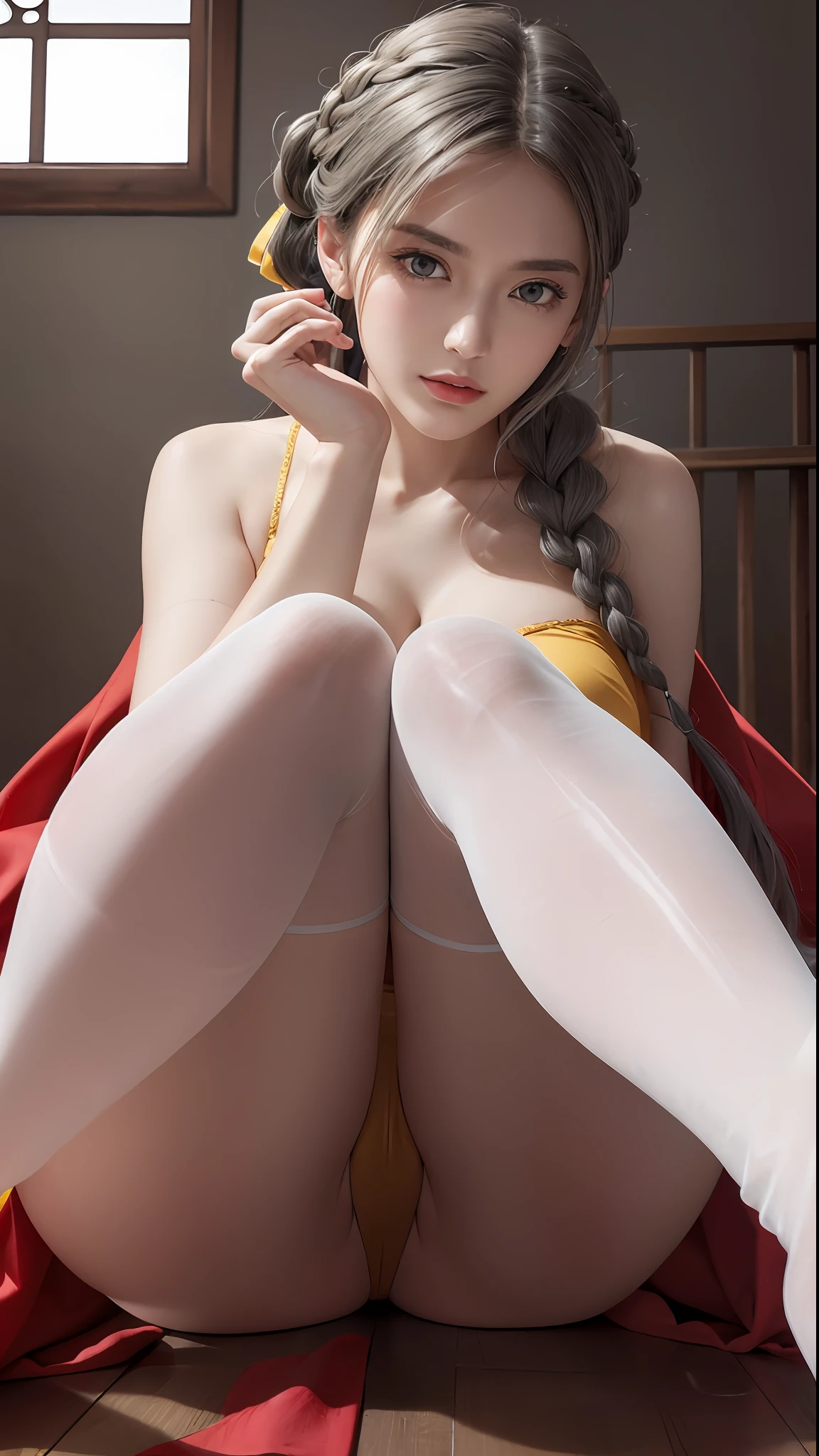 RAW, Masterpiece, Super Fine Photo, Best Quality, Ultra High Resolution, Photorealistic Photorealism, Sunlight, Full Body Portrait, Amazing Beauty, Masterpiece, Gray Hair, Side Braids, Golden Eyes, Dynamic Pose, Delicate Face, Vibrant Eyes, (View from below), She Wears Red and Yellow Camerless Stockings, Very Detailed Background, Detailed Face, Gorgeous, Highly Detailed Skin, Realistic Skin Details, Visible Pores, Sharp Focus, Volumetric Fog, 8K UHD, DSLR Camera, High Quality, Film Grave, Fair skin, transparent, squat position, feet together, legs apart, lying on your back, legs raised, smooth clothes