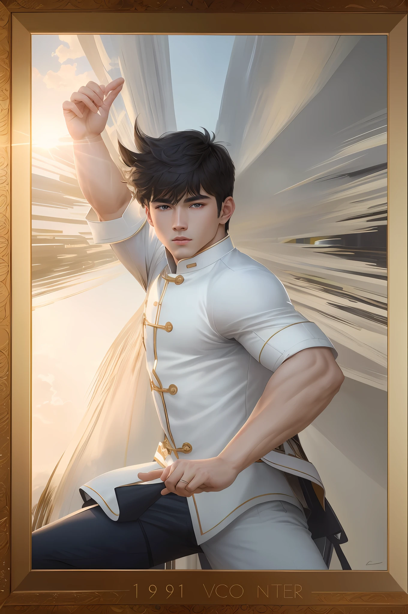 A photo of oppav3, (masterpiece, ultra quality, high resolution, 8k, intricate: 1.2), (detailed face:1.2), handsome, Young boy, white skin, double eyelids , detailed skin, 1boy, ((realistic)), abs, good lighting quality, muscle veins, ((pale skin)), flexing, waking up, morning, no mustache,