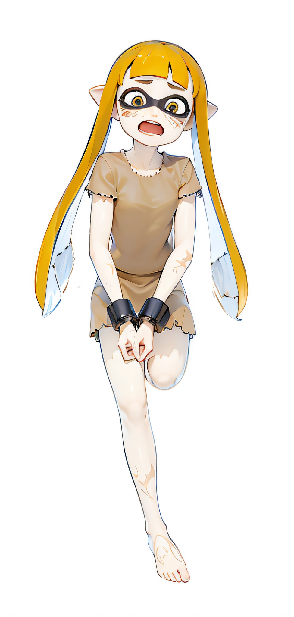 3D two-dimensional, redraw light and shadow, highlight clothes linen material, highlight clothes tattered, highlight body whip scars, highlight handcuff metal material, frightened expression
