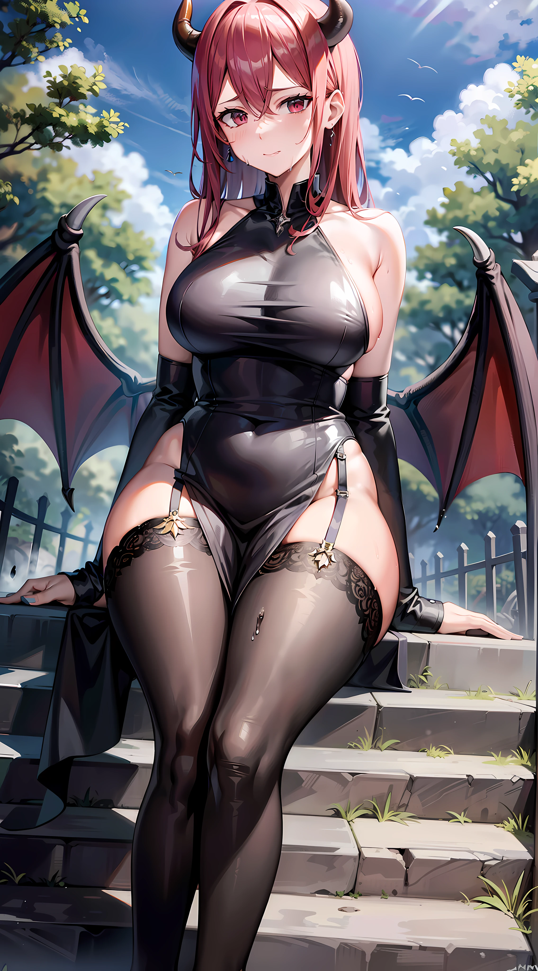 Demon, royal sister, big breasts, demon wings, crimson hair, naked pasture, sitting on steps, disdainful eyes, looking down at the audience, sweaty, wet, black transparent stockings, background in castle