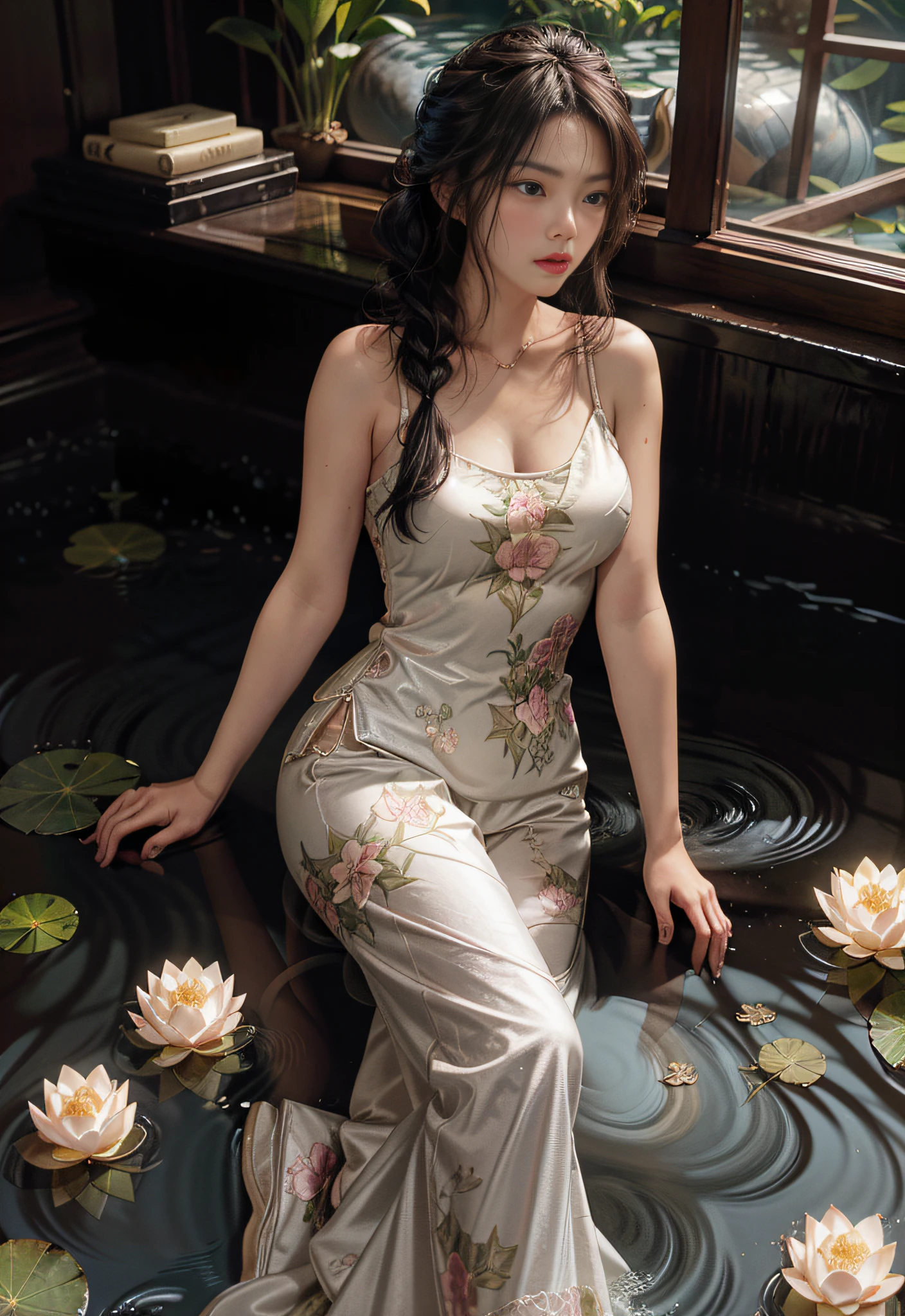 Lying in a lotus pond, lots and lots of lotus flowers, the art depicts a charming woman in a flowing, silky traditional oriental dress in pink, tight translucent trousers, decorated with intricate patterns and bright colors. Her dress drapes elegantly over her curvy figure, accentuating her seductive silhouette. She knelt gracefully by the tranquil lotus lake, bathed in the soft glow of the moonlight. The scene exudes an ethereal and dreamy atmosphere, with a touch of mystery and sexiness. The graphic style blends watercolor and digital illustration techniques to evoke a refined beauty and charm. The lights are filled with soft moonlight, casting soft highlights and shadows on her charming features. Bare thighs, wearing tight translucent pants, large breasts, three-dimensional facial features, lying down, upturned legs, side braids, 2 hands, 2 legs