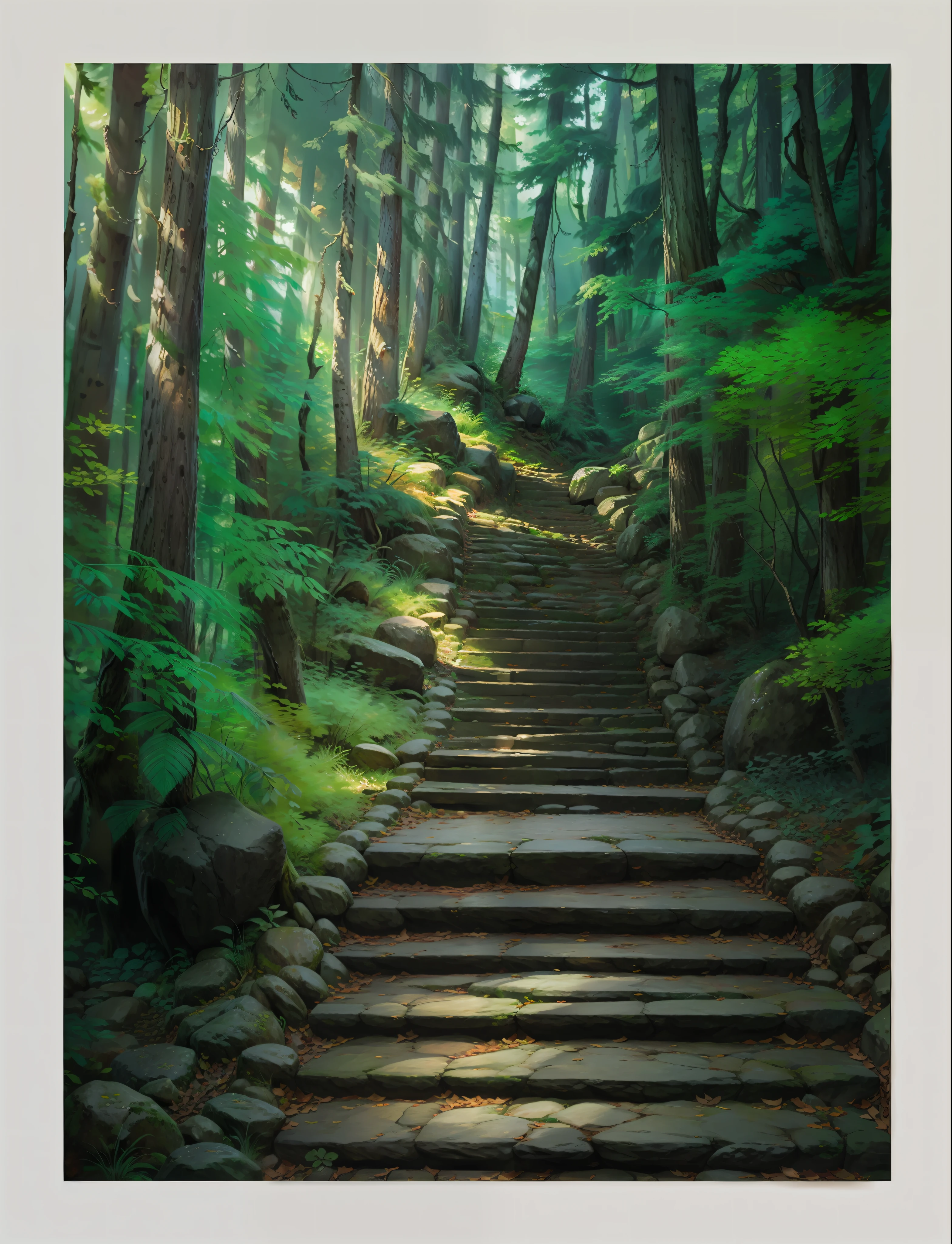 Forest, trees, rock step , digital art,
