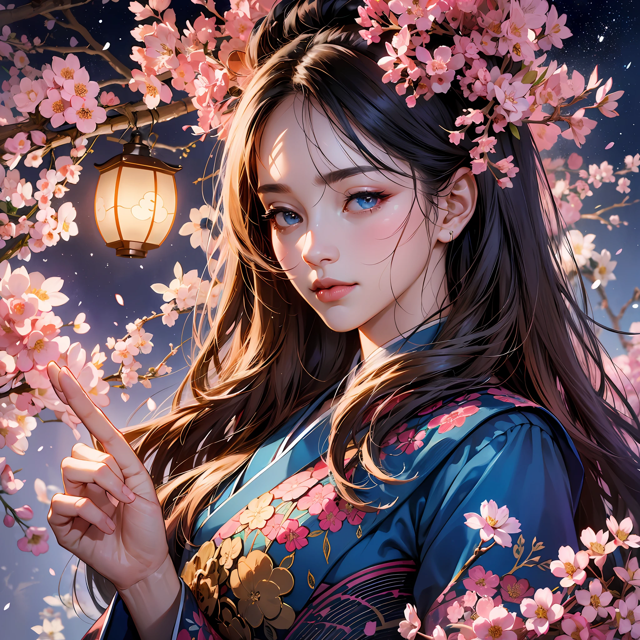 (absurdres, highres, ultra detailed), close-up of face, emphasis on face, focus on face, one woman, mature woman, aged, long straight hair, shiny beautiful hair, blue eyes, bangs, long sleeves, finely drawn eyes and detailed face, eye highlights, hands without breaks, rich lighting, pale pink lips, highly detailed CG unified 8K wallpaper, realistic, smooth skin, intricate details, portrait, gazing, solo, half shot, finely drawn face, soft smile, dynamic pose, classical period, (Ancient Japanese Subject: 1.1), Japan Mythology, Fox Ears, Japanese, Ruler, Blue Kimono, Floral Kimono, Ancient Themes, (Prosperous Civilization: 1.1), Moon in Background, (Immaculate: 1.1) Shrine, Torii Gate, Japanese Landscape, Old City in Background, Fox Mask, Fantastic, Dreamy, Romantic, Light Dancing, Lantern, Austerity, Night, Darkness, Stars, Portrait, Cinematic Lighting, floral hairpiece, having a date, cherry blossom --auto --s2