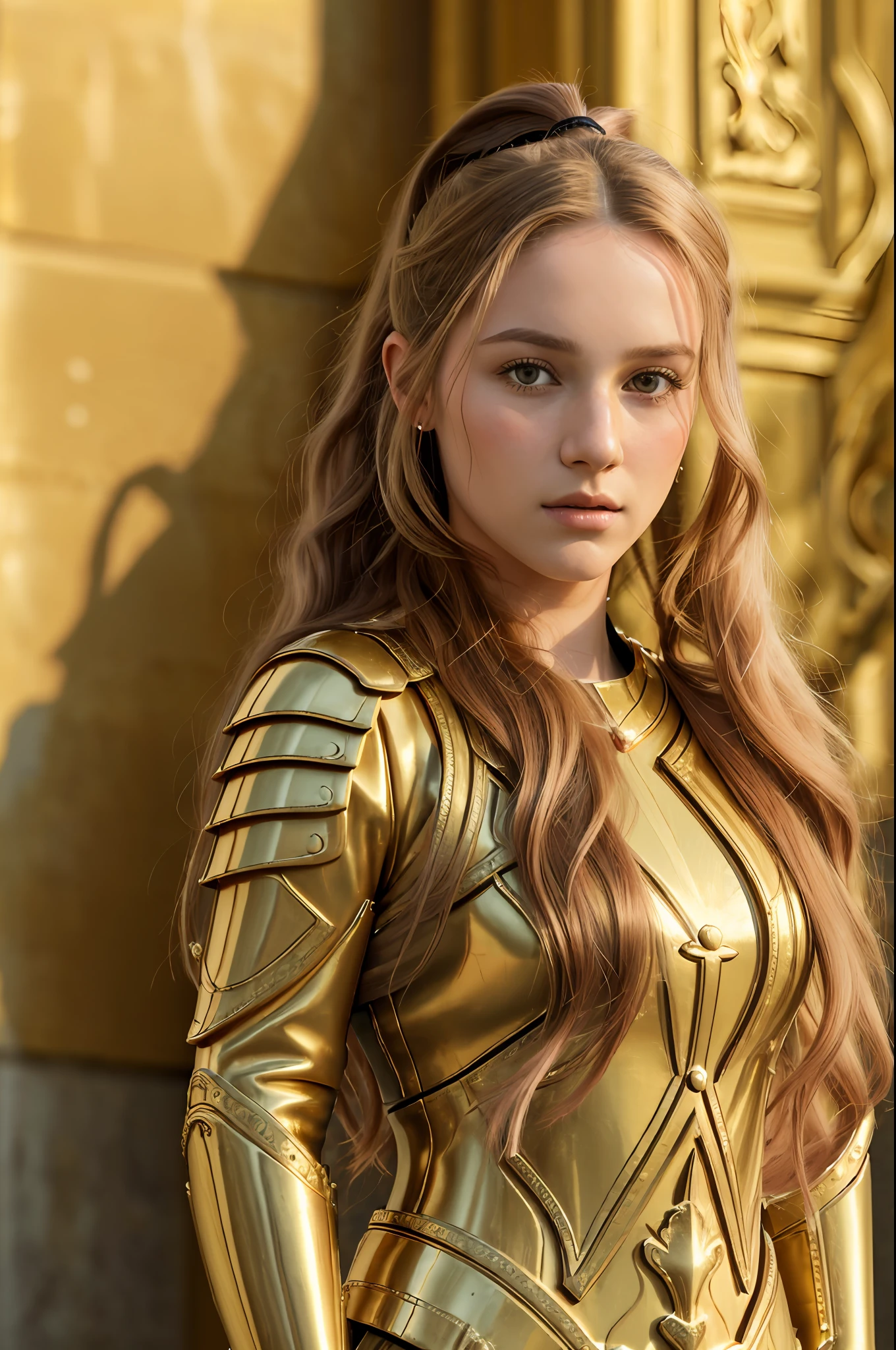 (8K, best quality: 1.2), (masterpiece: 1.37), (photo, photorealistic: 1.37), (ultra-high resolution), full body, walking pose, front footage, slow motion, female paladin wearing full body, (light gold armor: 1.2),(richly decorated armor), (incredibly detailed, bloom: 1.5), (high quality, Alessandro Casagrande, Greg Rutkowski, Sally Mann, concept art, 4k), 1.2), (high sharpness), (detailed students: 1.1), detailed face and eyes,  Masterpiece, best quality, (highly detailed photo: 1.1), (long blonde hair, ponytail, ecstatic: 1.1), (young: 1.1), sharp, (perfect body:1.1), realistic, royal shadow, 3d, (temple background:1.2), (by Michelangelo), photographed by Canan EOS R6, 135mm, 1/1250s, f/2.8, ISO 400