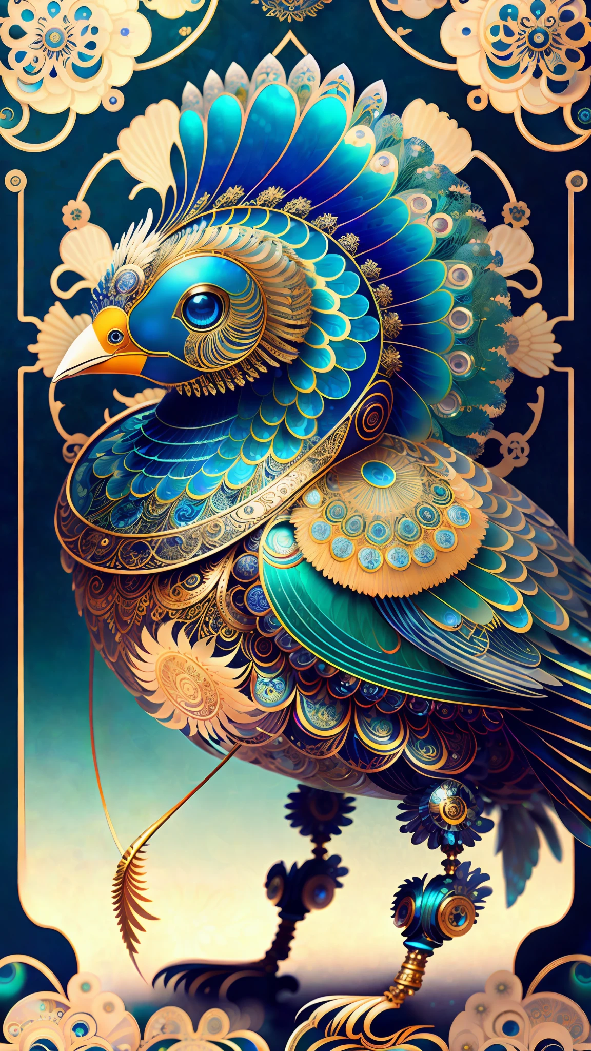Android Mechanical Dog, Robot Wings, Earnst Haeckel, James Jean. generative art, baroque, intricate patterns, fractalism, film still, photorealistic, vibrant peacock feathers, intricate, elegant, highly detailed, digital painting, artistic station, smooth, sharp focus, illustration, overtaken, vaporware, full body shot