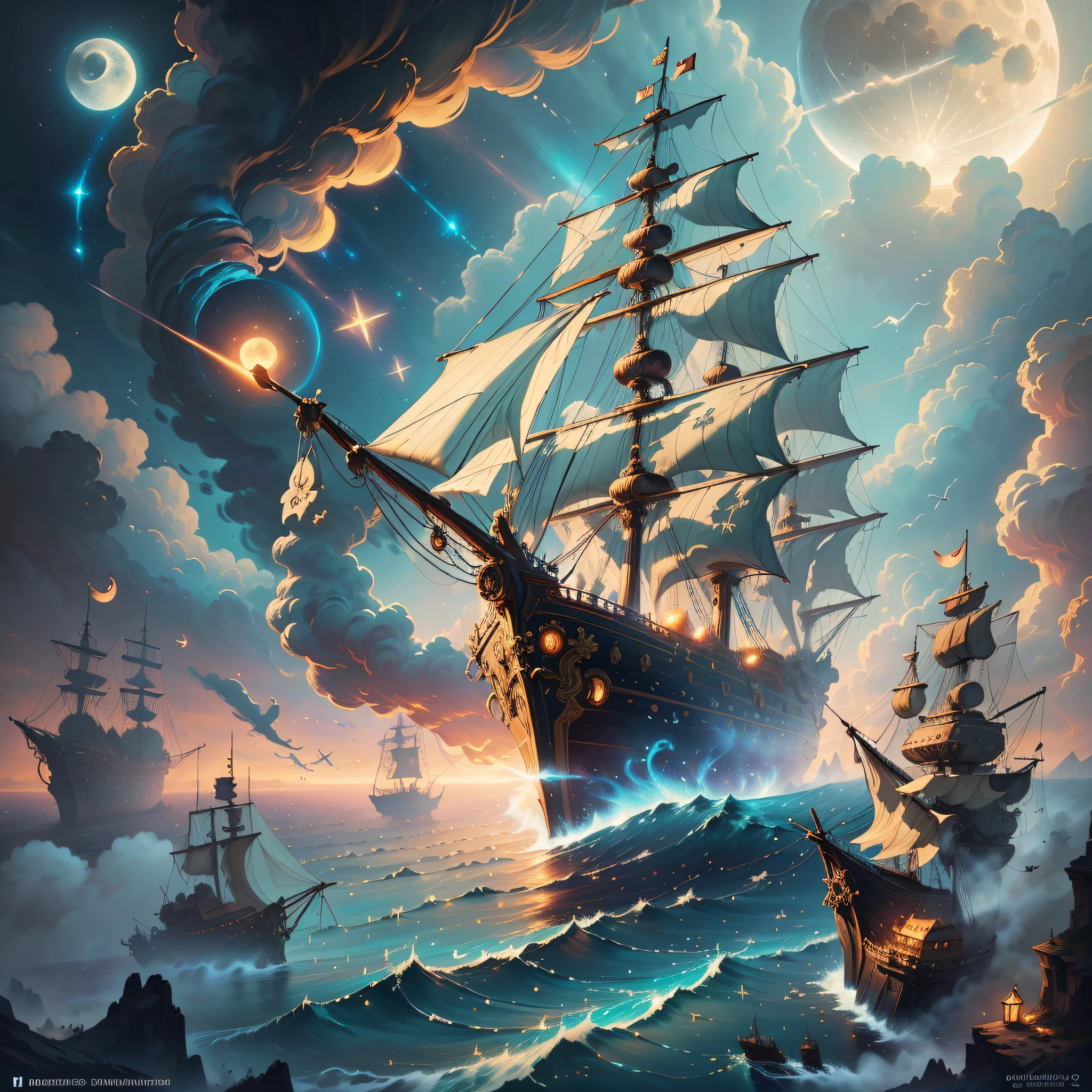 A painting of a flying pirate ship surrounded by small fairies, clouds, moon, stars in the background, fantasy, highly detailed digital art in 4K, high quality detailed art in 8k, in the style of Cyril Rolando, detailed fantasy digital art, epic fantasy science fiction illustration, amazing wallpaper, inspired by Gaston Bussiere --auto --s2