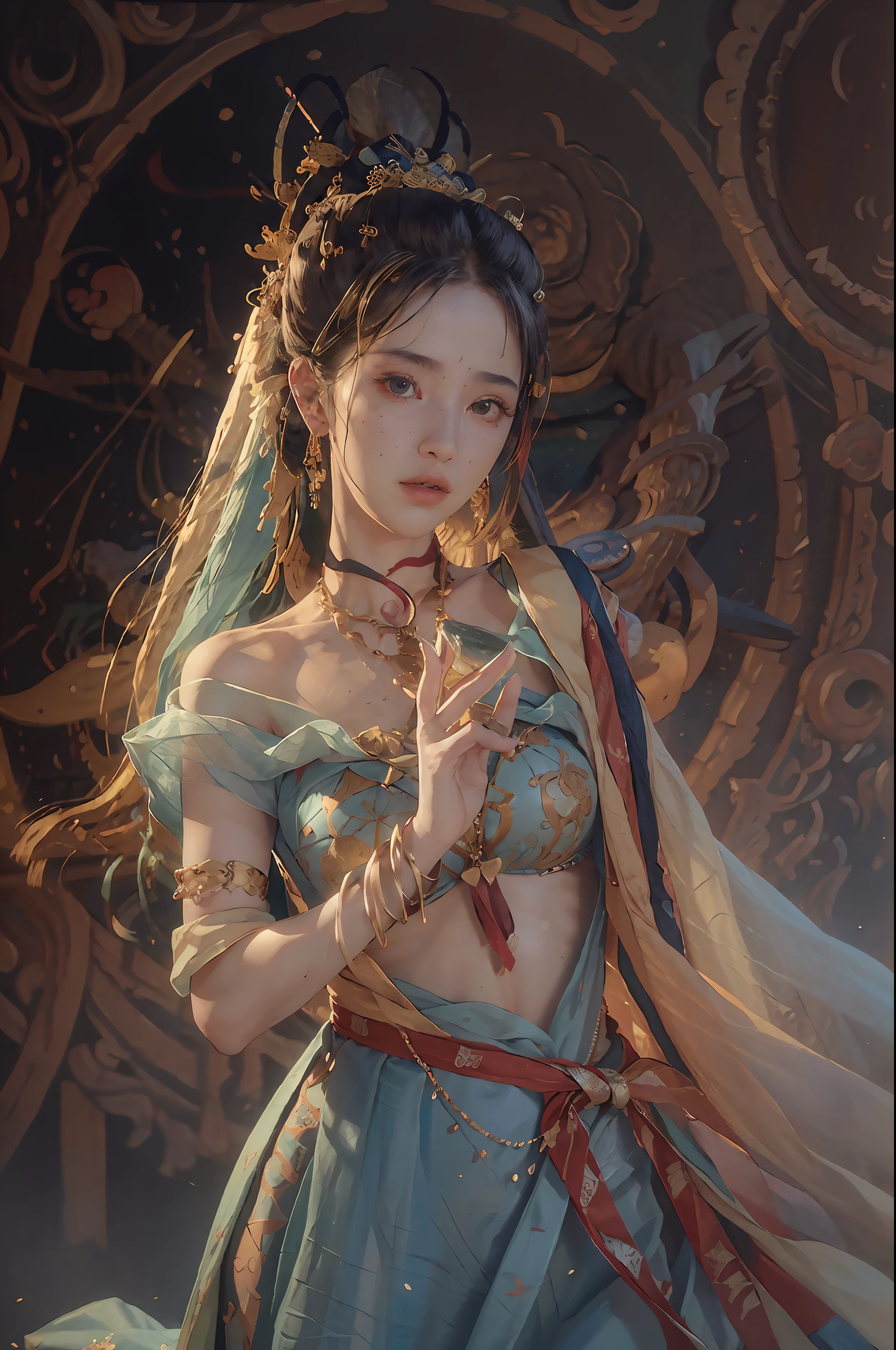 (RAW photo, best quality), (realistic, photo-realistic:1.3),best quality,highly detailed,masterpiece,ultra-detailed,illustration,1girl,upper_body,dynamic angle,world masterpiece theater,messy_long_hair,best quality,extremely detailed CG unity 8k wallpaper,ink,Amazing,cinematic lighting,lens_flare,,dunhuang_style