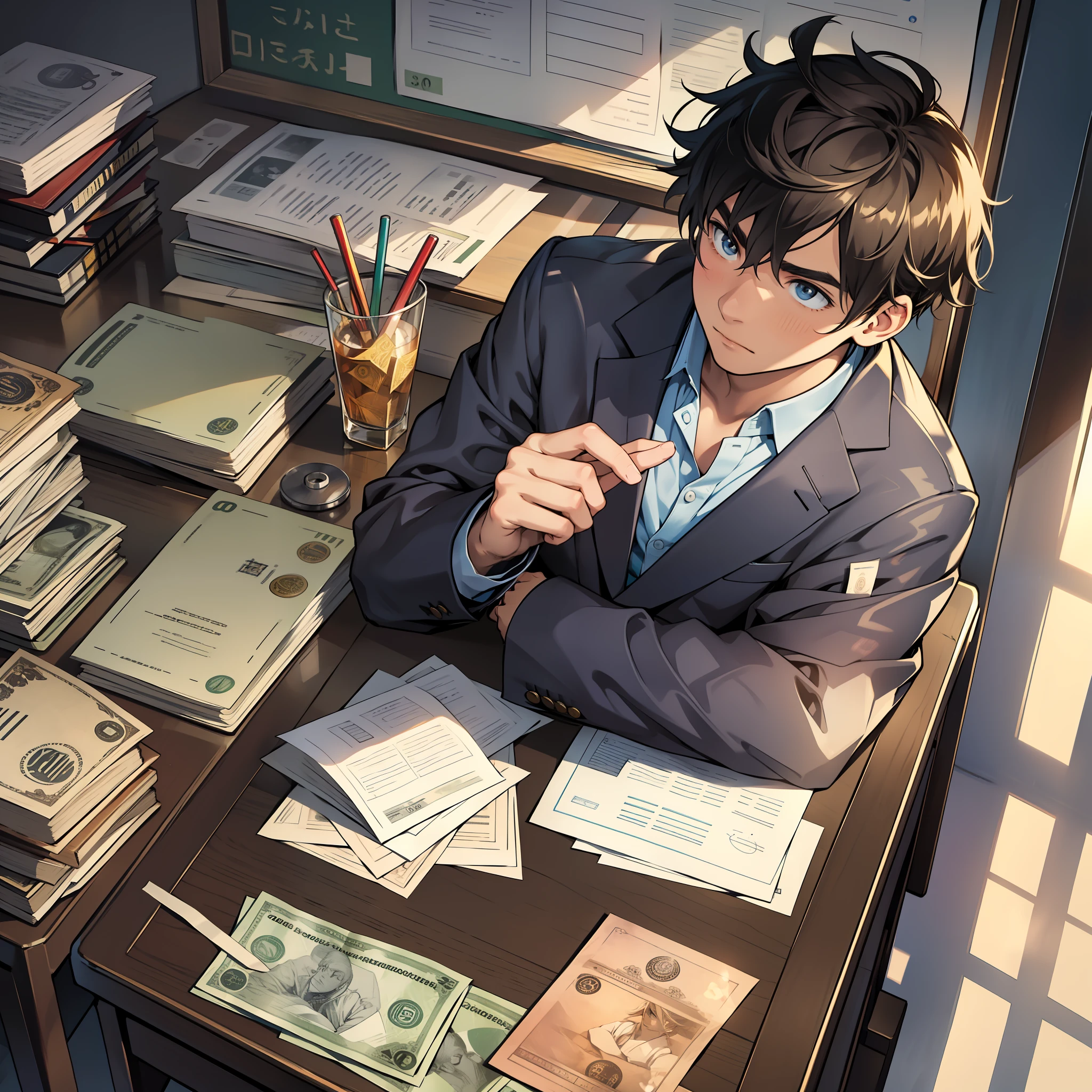A young person sitting at a desk, holding a high school exam paper, surrounded by countless banknotes, with sunlight shining on him, reflecting his determined gaze and determination