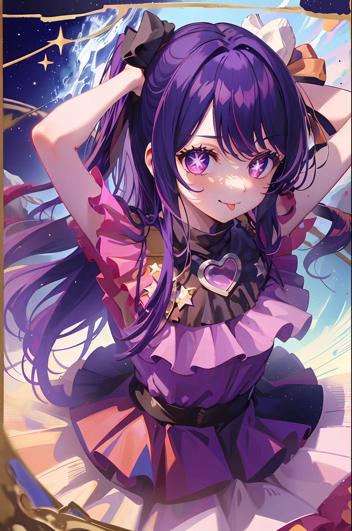 1girl, full body, cowboy shot,
(Rembrandt), illustration, (masterpiece), (best quality), (ultra_detailed), finely detail, (Depth of field),
HshinoAi,gloves, tongue out, tongue, long hair, star \(symbol\), looking at viewer, (purple hair:1.2), purple eyes, upper body, hair ornament, :p, frills, pink shirt, smile, sleeveless, shirt, idol, symbol-shaped pupils, hands up, bangs, one side up, star-shaped pupils, arms up,
dress pull, medium breast
isometric, from above, sky, flower, cliff,